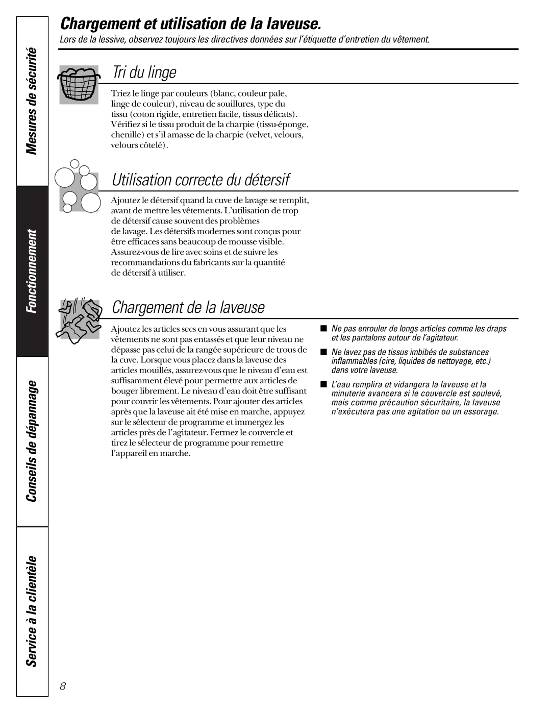 GE GJXR2130, GCXR2100, GKSR2100 Chargement et utilisation de la laveuse, Tri du linge, Utilisation correcte du détersif 