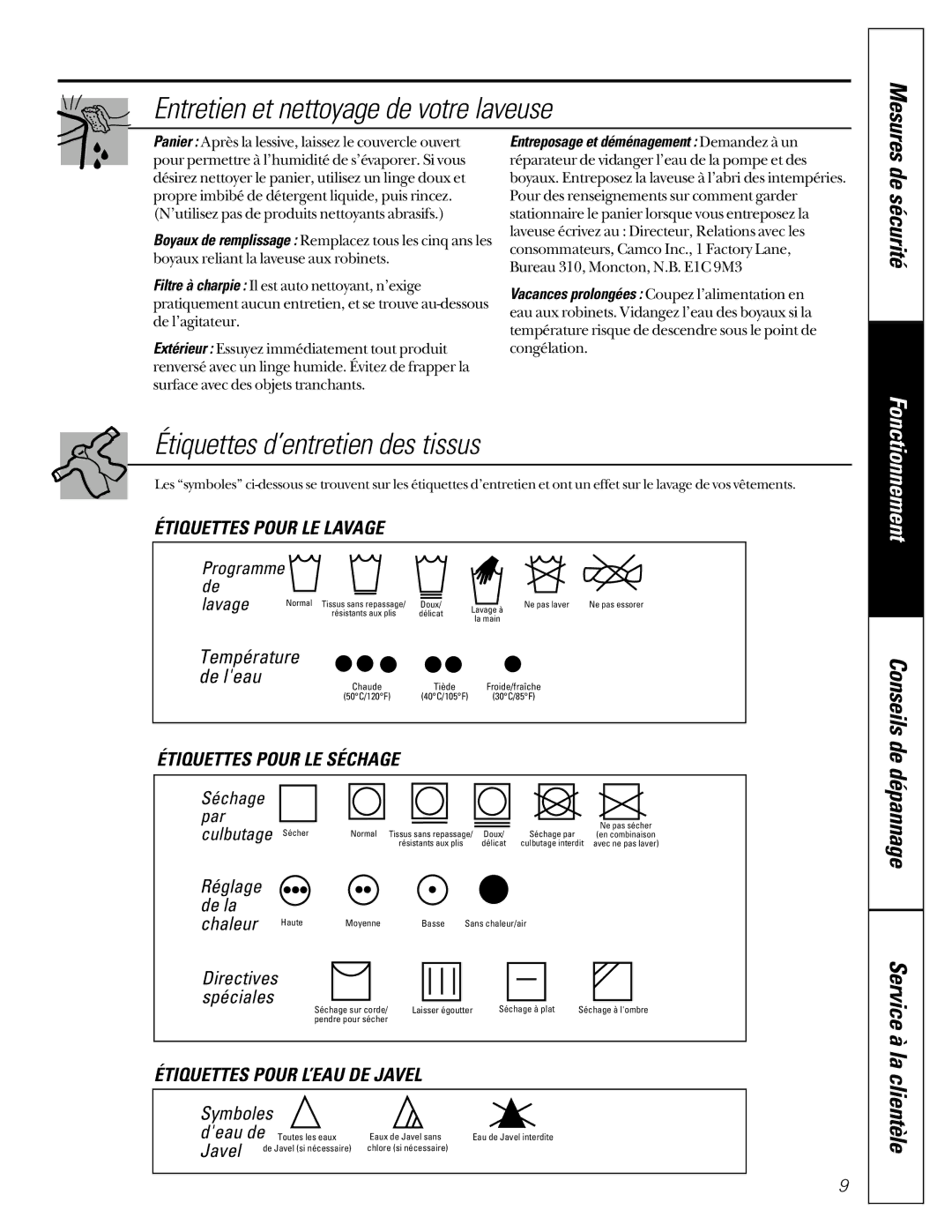 GE GJSR2130, GCXR2100, GKSR2100, GUSR2130 Entretien et nettoyage de votre laveuse, Étiquettes d’entretien des tissus 