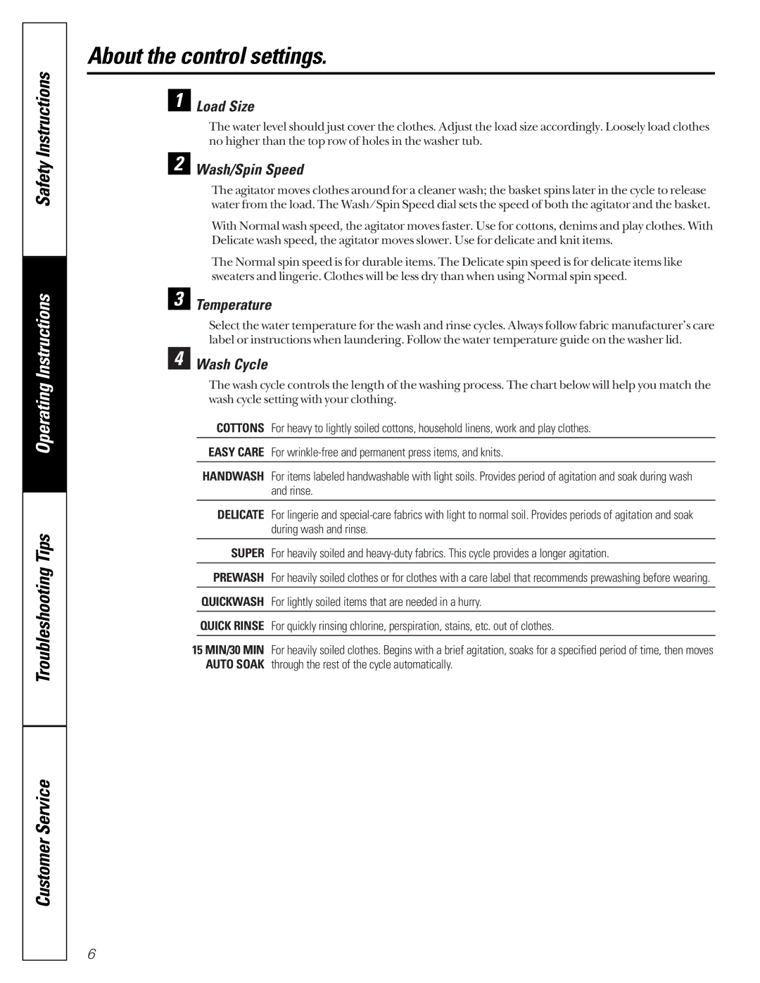 GE GBSR1080, GCXR2100, GKSR2100, GUSR2130 About the control settings, Load Size, Wash/Spin Speed, Temperature, Wash Cycle 