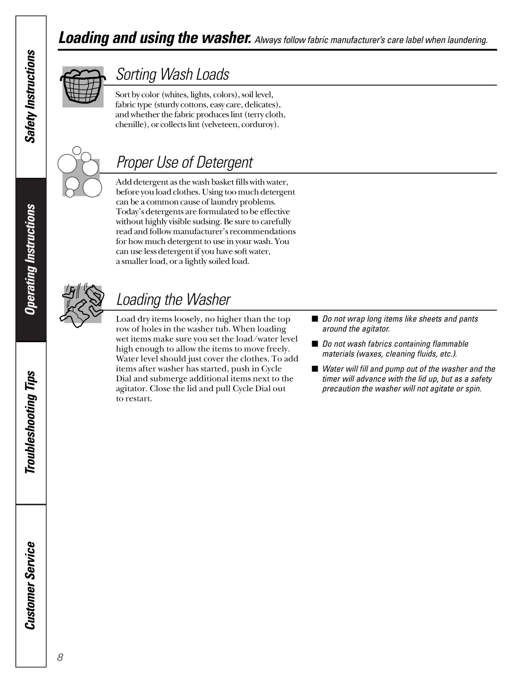 GE GKSR2100, GCXR2100, GUSR2130, GJXR2130, GJSR2130, GBXR1080 Sorting Wash Loads, Proper Use of Detergent, Loading the Washer 