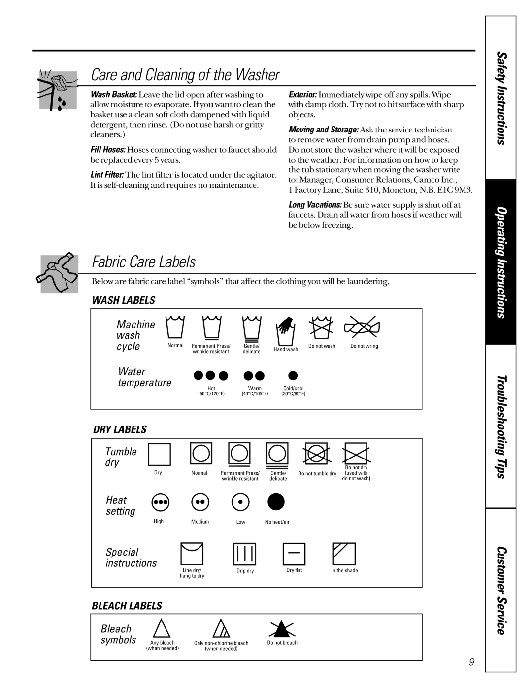 GE GUSR2130, GCXR2100, GKSR2100, GJXR2130, GJSR2130, GBXR1080, GBSR1080 Care and Cleaning of the Washer, Fabric Care Labels 