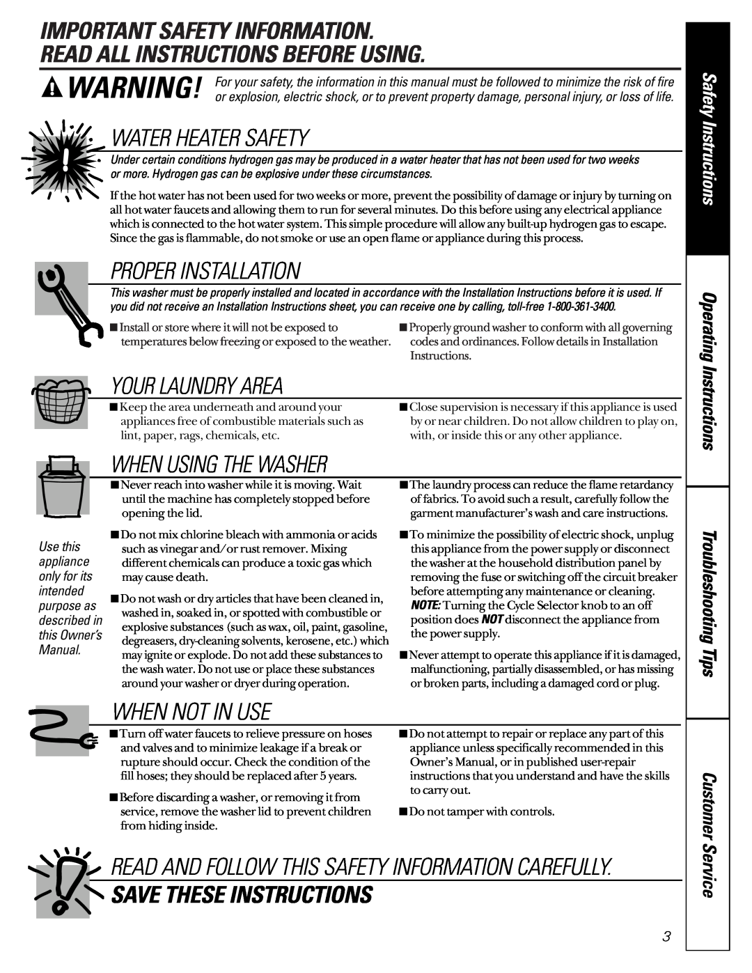 GE GJXR2130 Important Safety Information Read All Instructions Before Using, Water Heater Safety, Proper Installation 