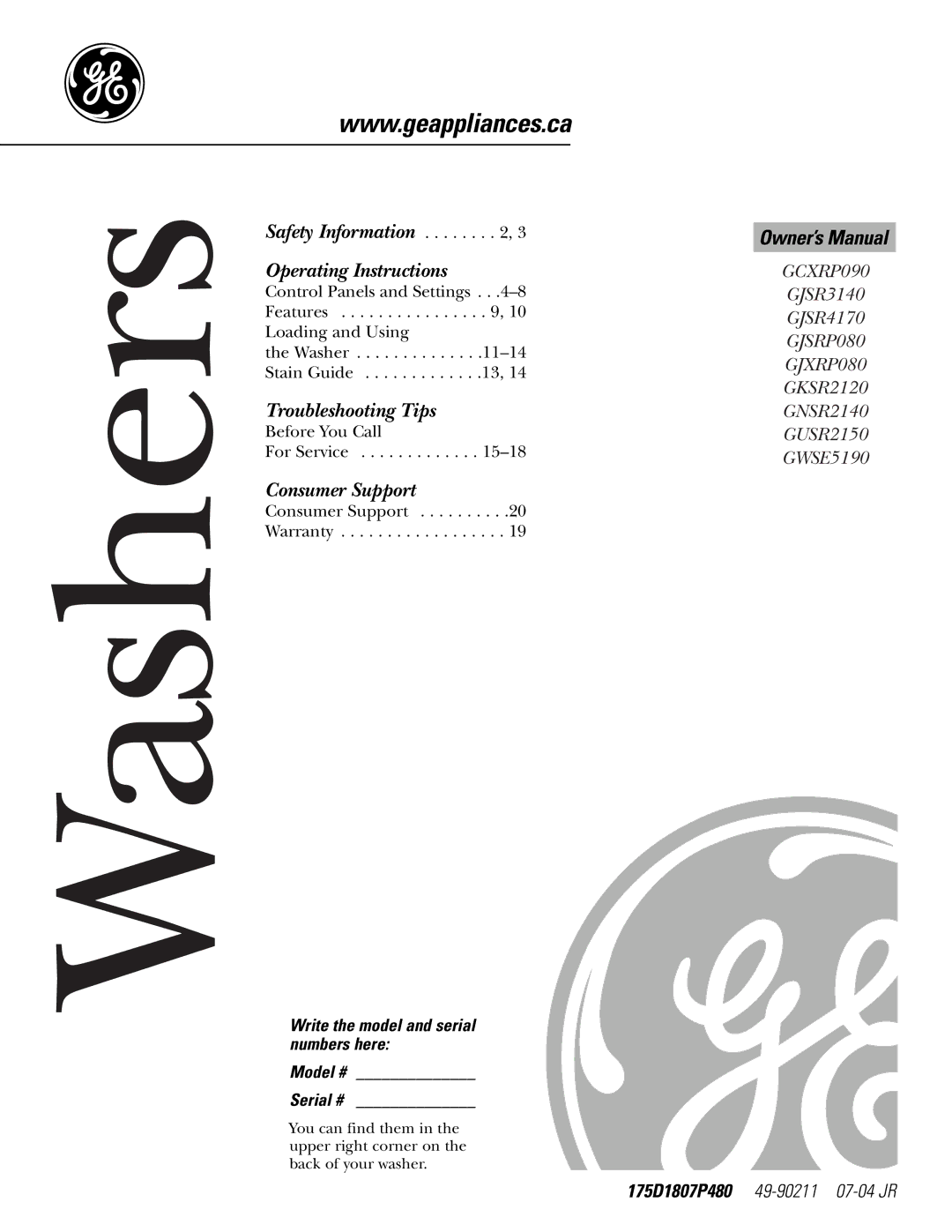 GE GKSR2120, GCXRP090, GNSR2140, GUSR2150, GWSE5190, GJXRP080, GJSRP080, GJSR4170, GJSR3140 owner manual Washers 