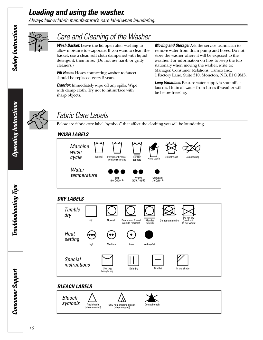 GE GUSR2150, GCXRP090, GKSR2120, GNSR2140, GWSE5190, GJXRP080, GJSRP080 Care and Cleaning of the Washer, Fabric Care Labels 