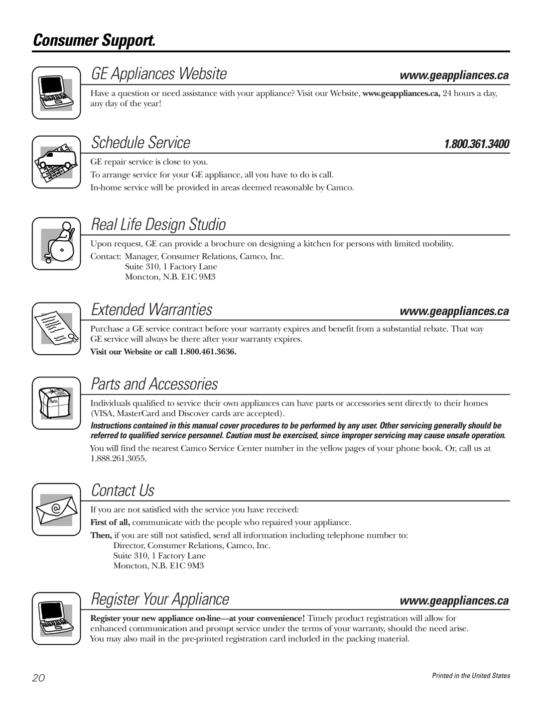 GE GNSR2140 Consumer Support GE Appliances Website Schedule Service, Extended Warranties, Register Your Appliance 