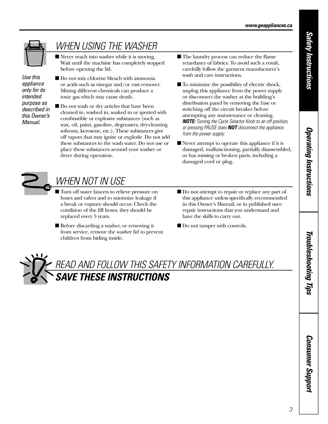 GE GUSR2150, GCXRP090, GKSR2120, GNSR2140, GWSE5190, GJXRP080, GJSRP080, GJSR4170, GJSR3140 owner manual When Using the Washer 