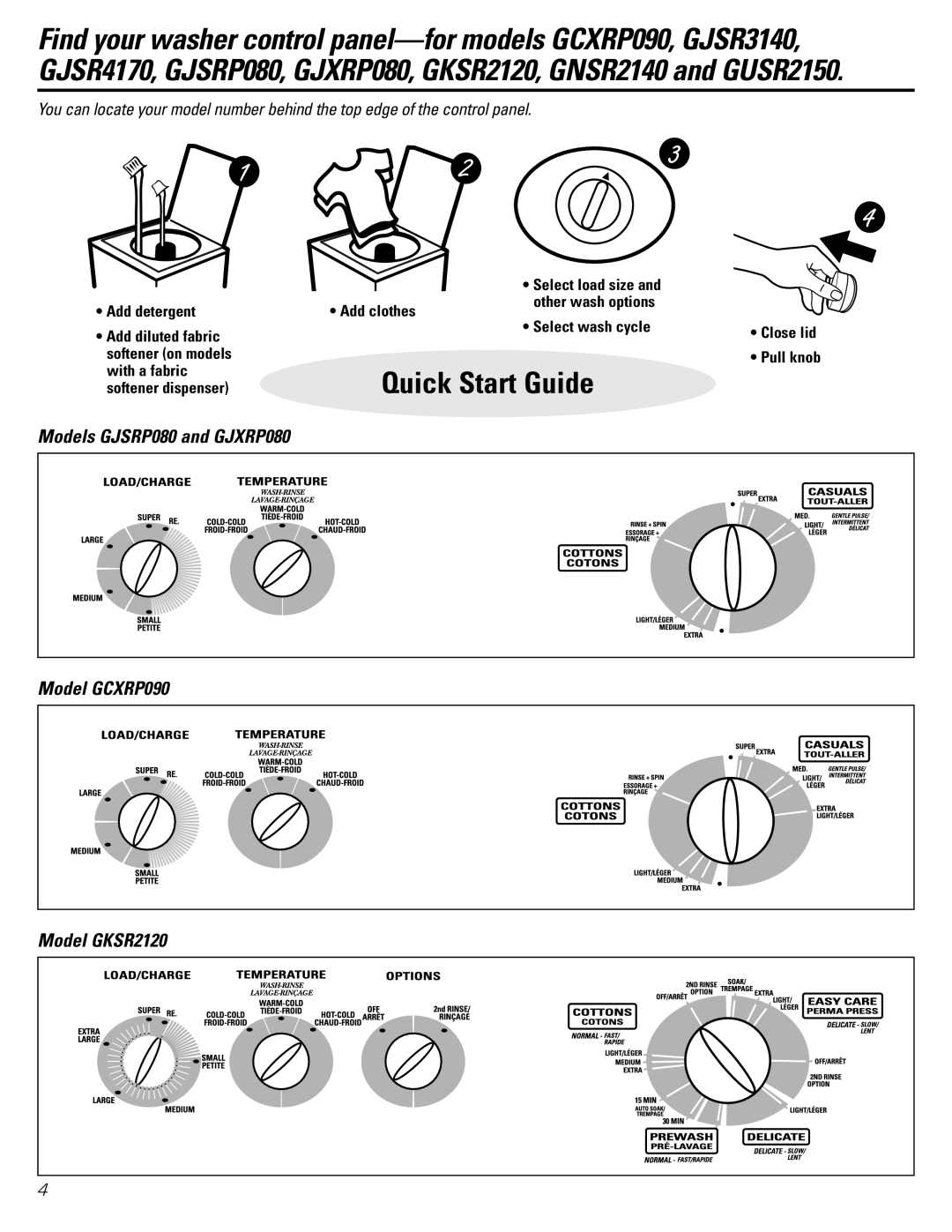 GE GWSE5190, GNSR2140, GUSR2150, GJSR4170, GJSR3140 owner manual Models GJSRP080 and GJXRP080, Model GCXRP090 Model GKSR2120 