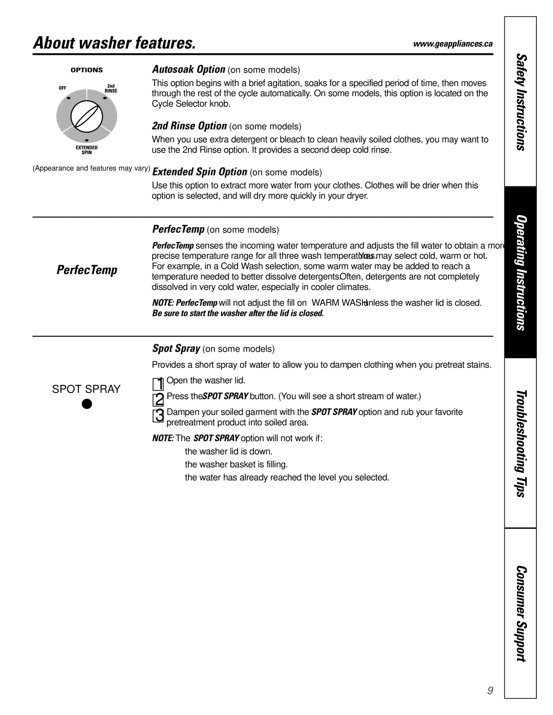 GE GCXRP090, GKSR2120 About washer features, Autosoak Option on some models, 2nd Rinse Option on some models, PerfecTemp 