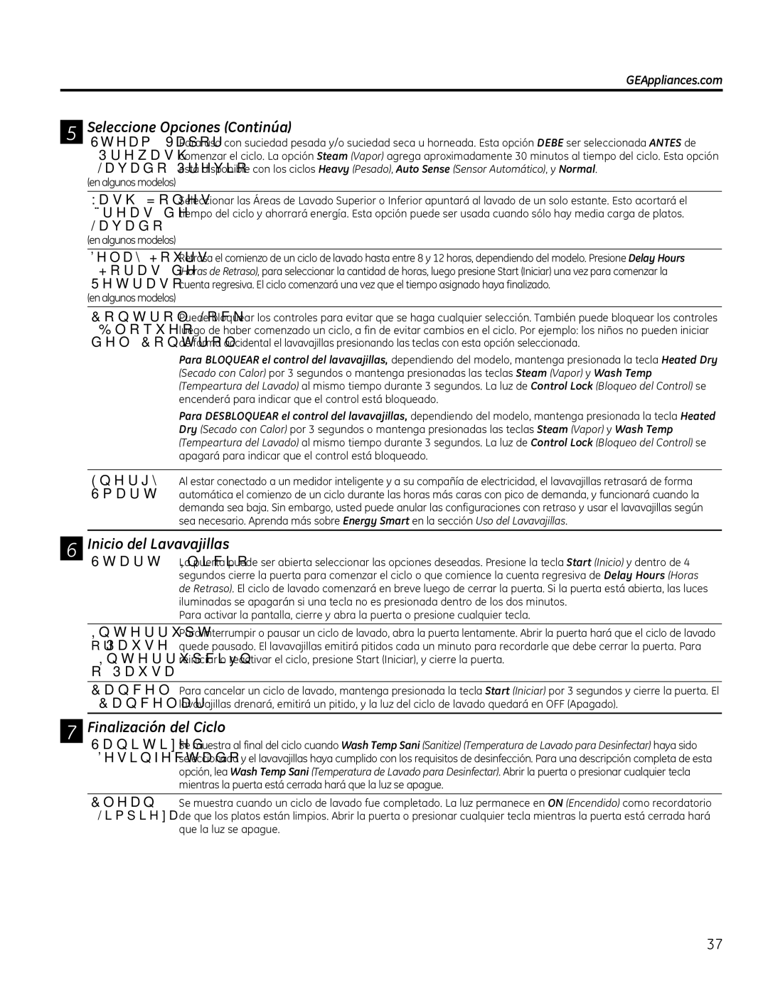 GE GDT530-550  6HOHFFLRQH2SFLRQHV&RQWLQ~D, QlflrGho/Dydydmloodv, LQDOLDFLyQGHO&LFOR, /Lpslhd, &Dqfhodu 