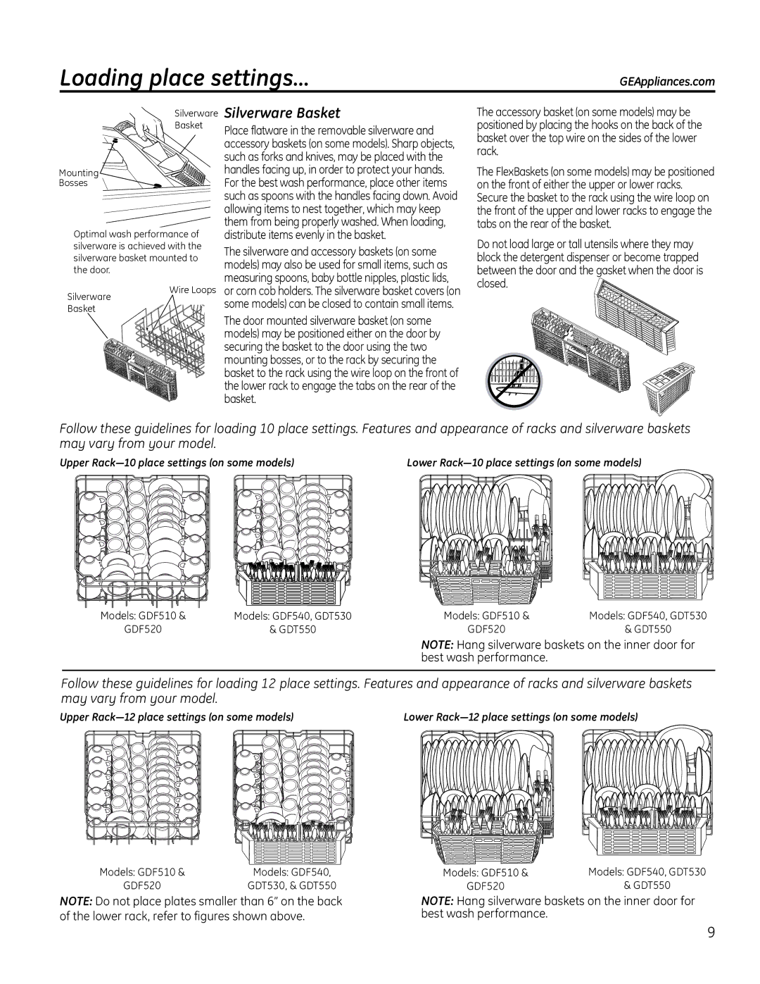 GE GDT530-550, GDF510-540 manual RdglqjSodfhVhwwlqjv«, 6LOYHUZDUH 6LOYHUZDUH%DVNHW, Edvnhw, Forvhg 