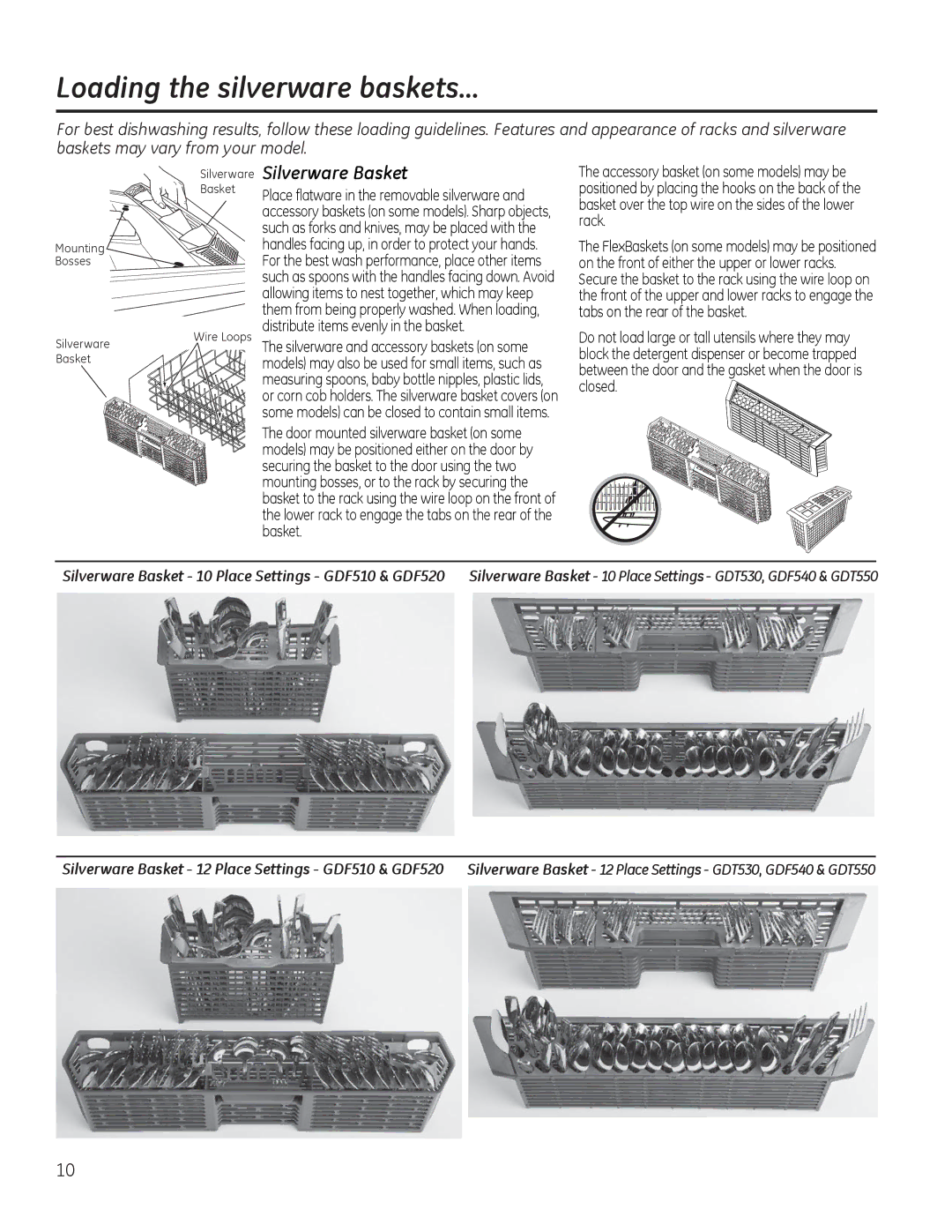 GE GDF530-550 Series, GDF510-540 Series manual Loading the silverware baskets…, Silverware Basket 