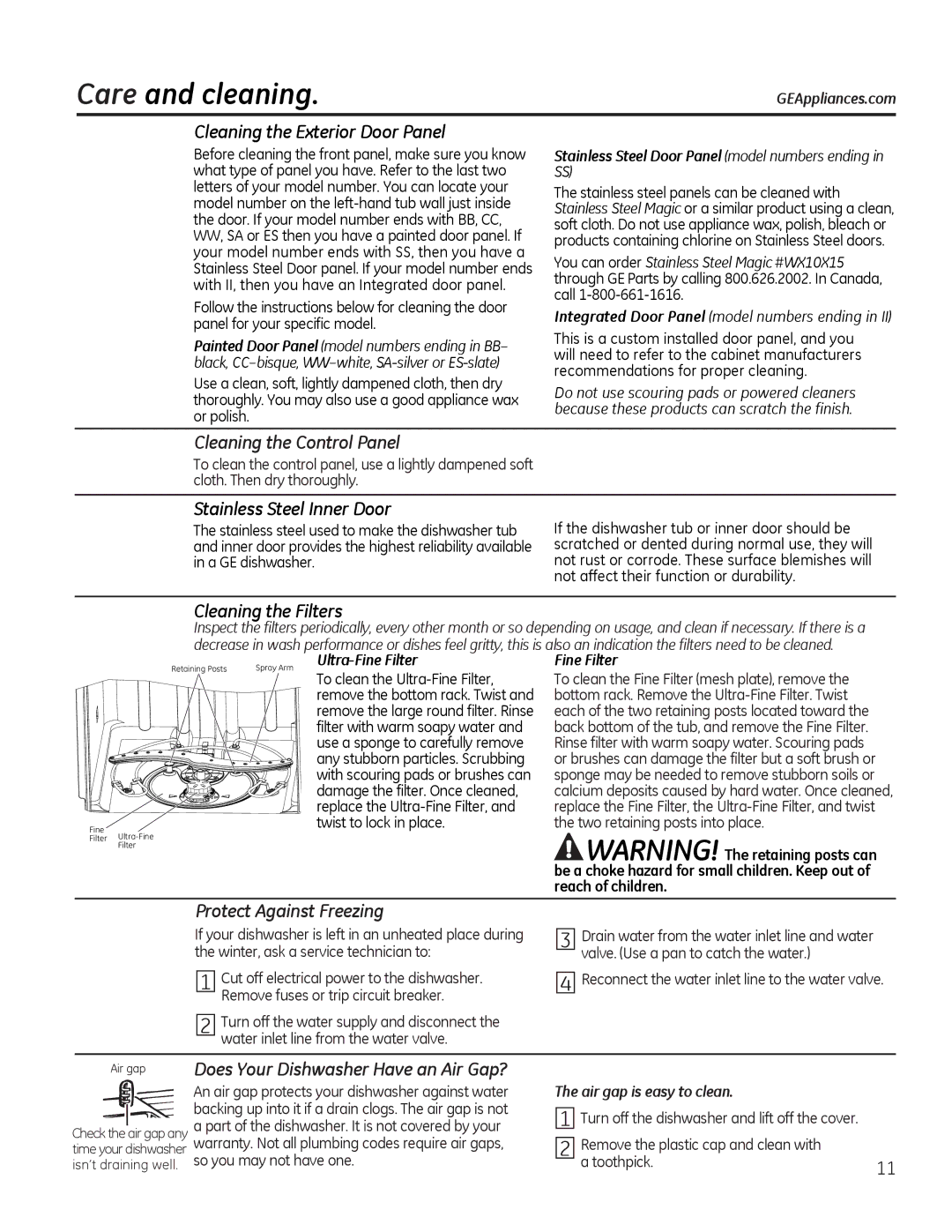 GE GDF510-540 Series, GDF530-550 Series manual Care and cleaning, Cleaning the Control Panel, Protect Against Freezing 