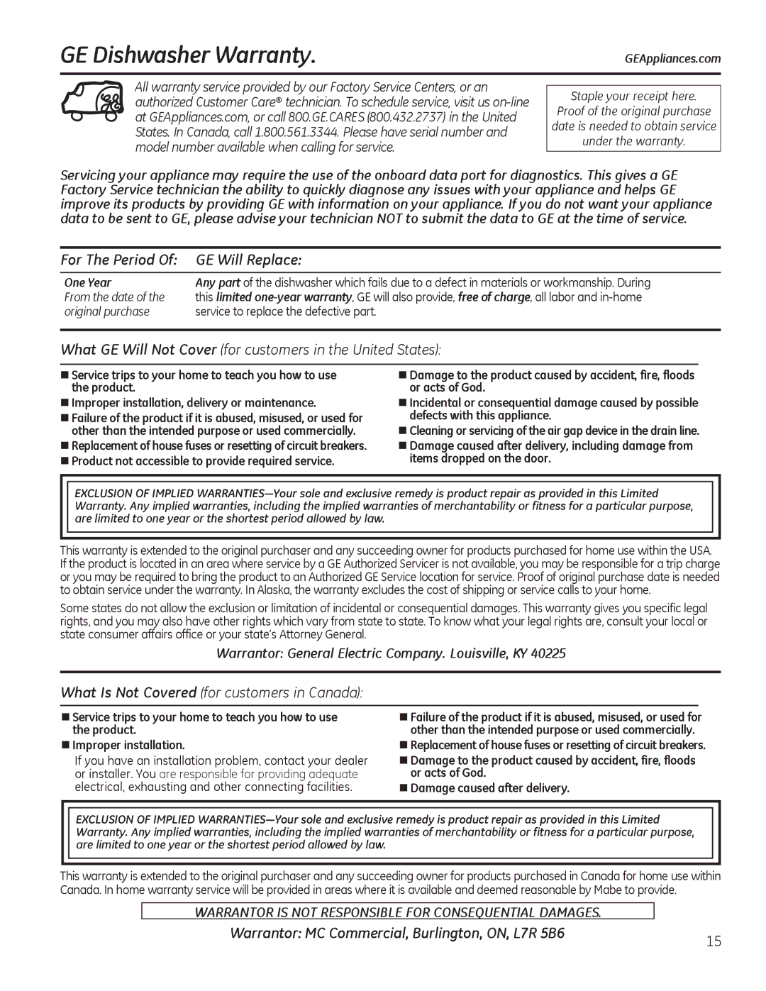 GE GDF510-540 Series, GDF530-550 Series manual GE Dishwasher Warranty, For The Period GE Will Replace, One Year 