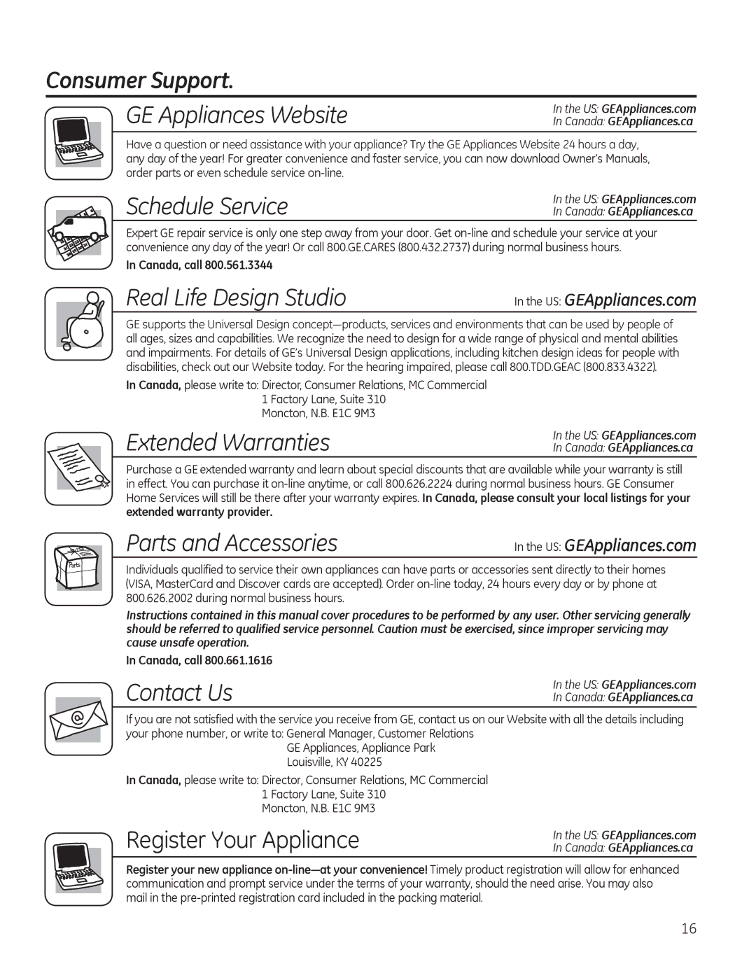 GE GDF530-550 Series, GDF510-540 Series manual Consumer Support, US GEAppliances.com Canada GEAppliances.ca 