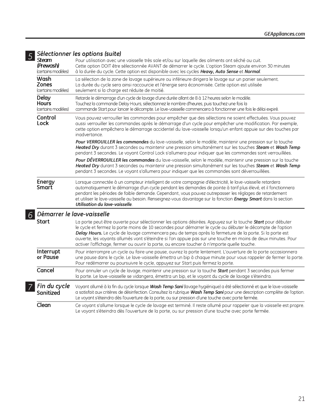 GE GDF510-540 Series manual Sélectionner les options suite, Démarrer le lave-vaisselle, Fin du cycle, Energy, Smart 