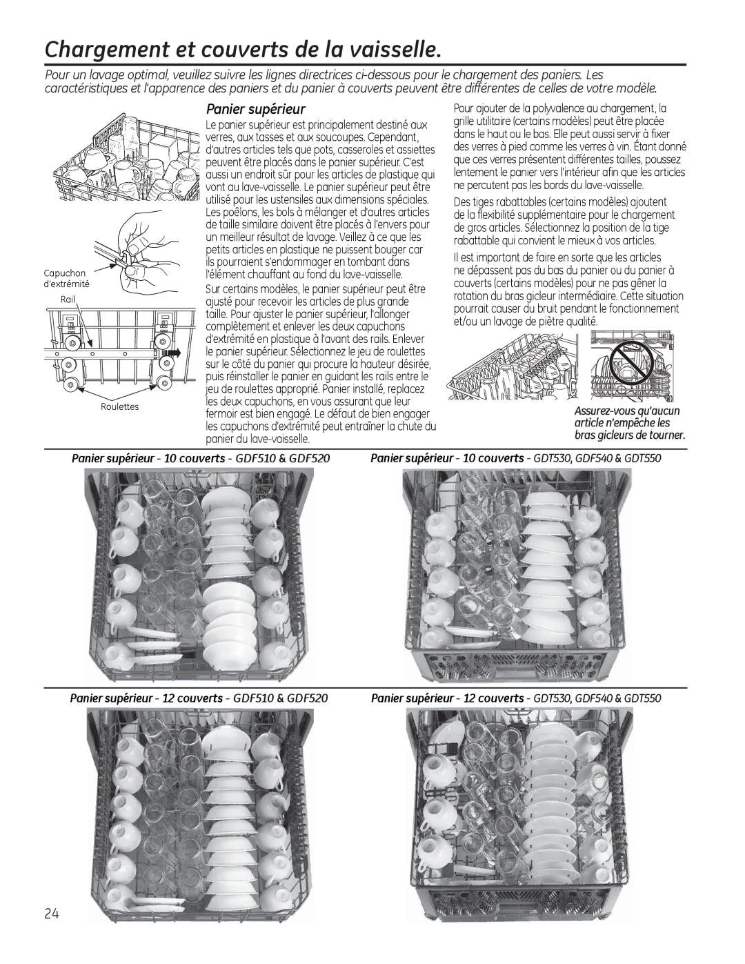 GE GDF530-550 Series, GDF510-540 Series manual Chargement et couverts de la vaisselle, Panier supérieur 