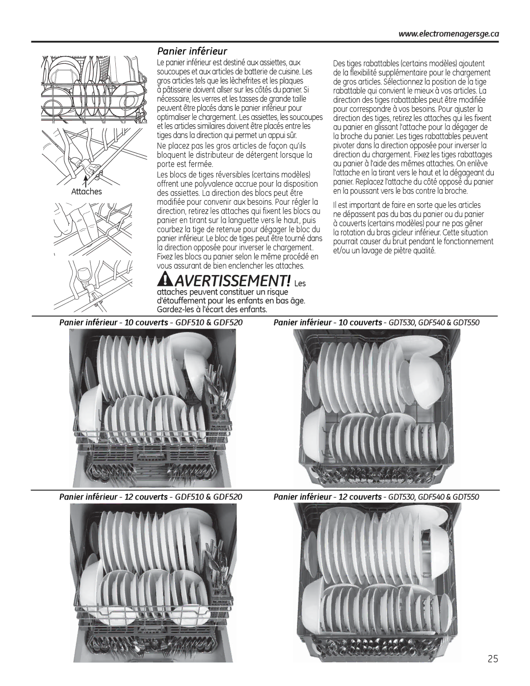 GE GDF510-540 Series manual Panier inférieur 10 couverts GDF510 & GDF520, Panier inférieur 12 couverts GDF510 & GDF520 