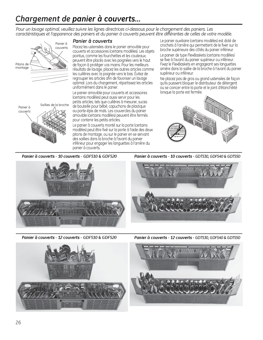 GE GDF530-550 Series Panier à couverts 10 couverts GDF510 & GDF520, Panier à couverts 12 couverts GDF510 & GDF520 