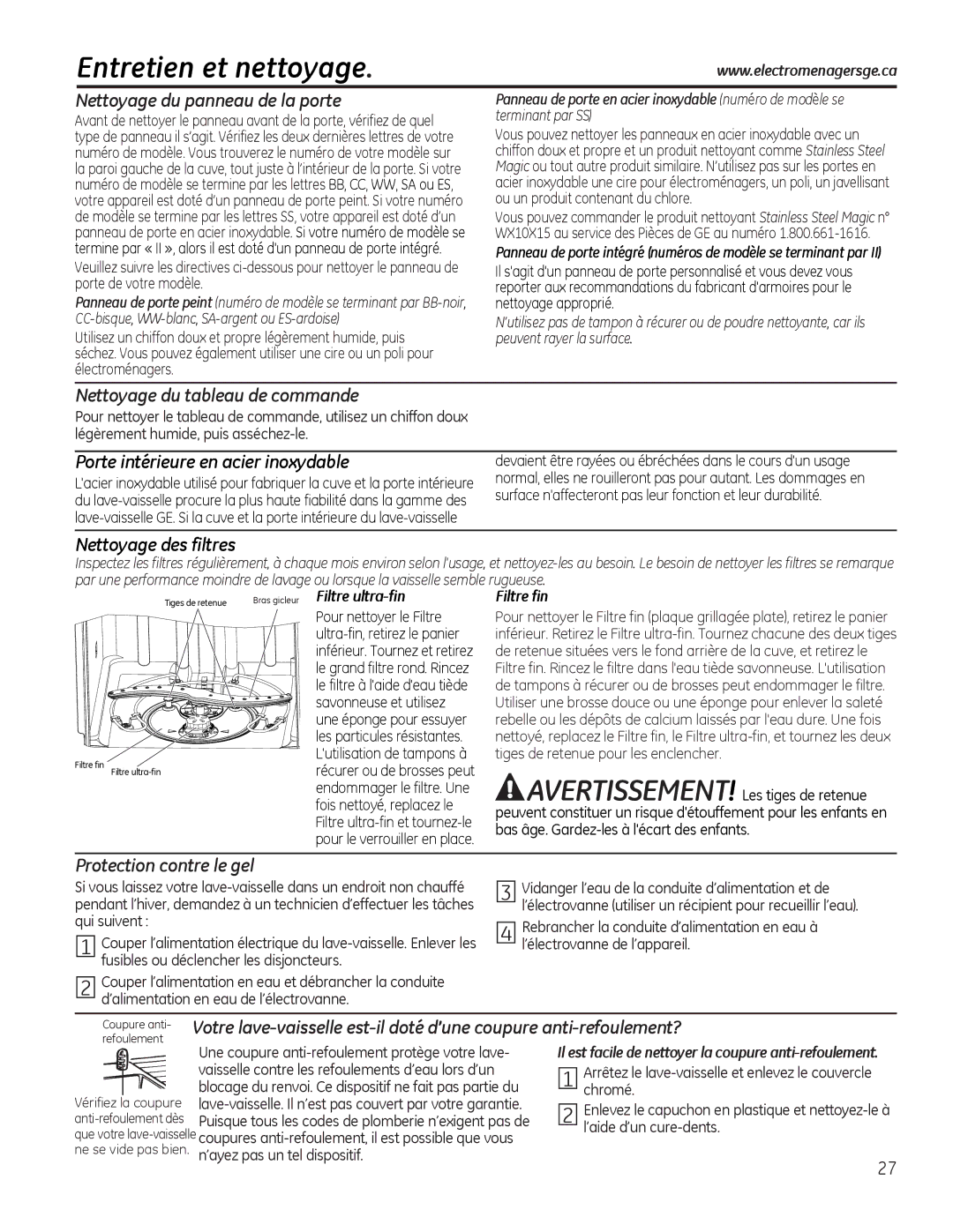 GE GDF510-540 Series manual Entretien et nettoyage, Nettoyage du panneau de la porte, Nettoyage du tableau de commande 