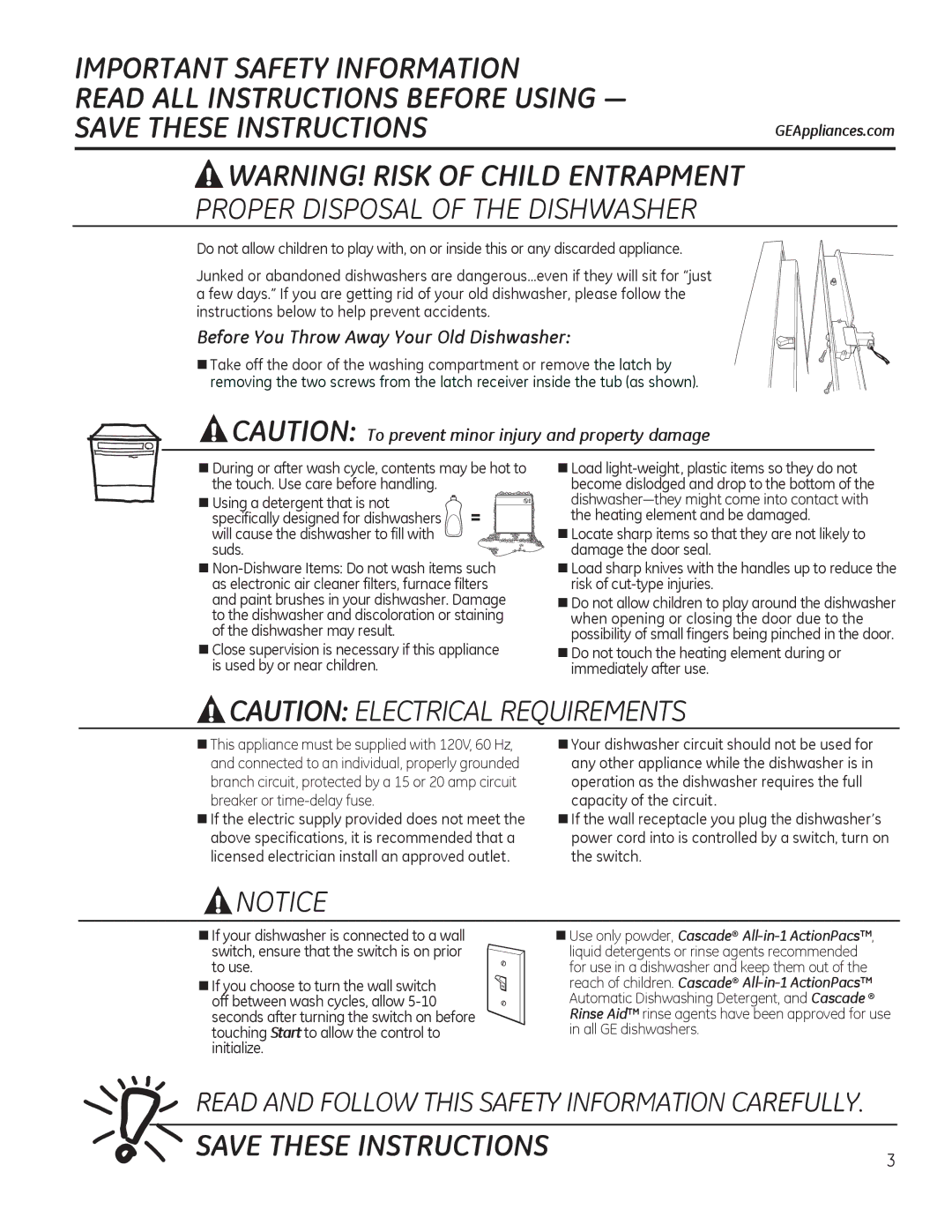 GE GDF510-540 Series, GDF530-550 Series manual Proper Disposal of the Dishwasher, Before You Throw Away Your Old Dishwasher 