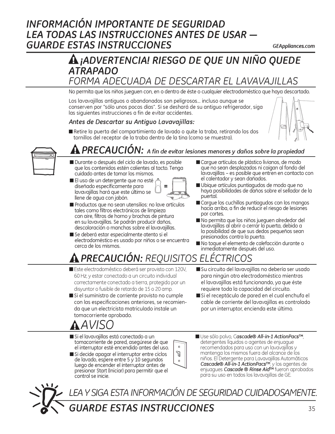 GE GDF510-540 Series manual ¡ADVERTENCIA! Riesgo DE QUE UN Niño Quede Atrapado, Antes de Descartar su Antiguo Lavavajillas 