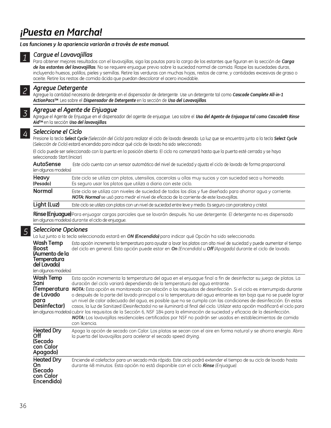 GE GDF530-550 Series manual Cargue el Lavavajillas, Agregue Detergente, Agregue el Agente de Enjuague, Seleccione el Ciclo 