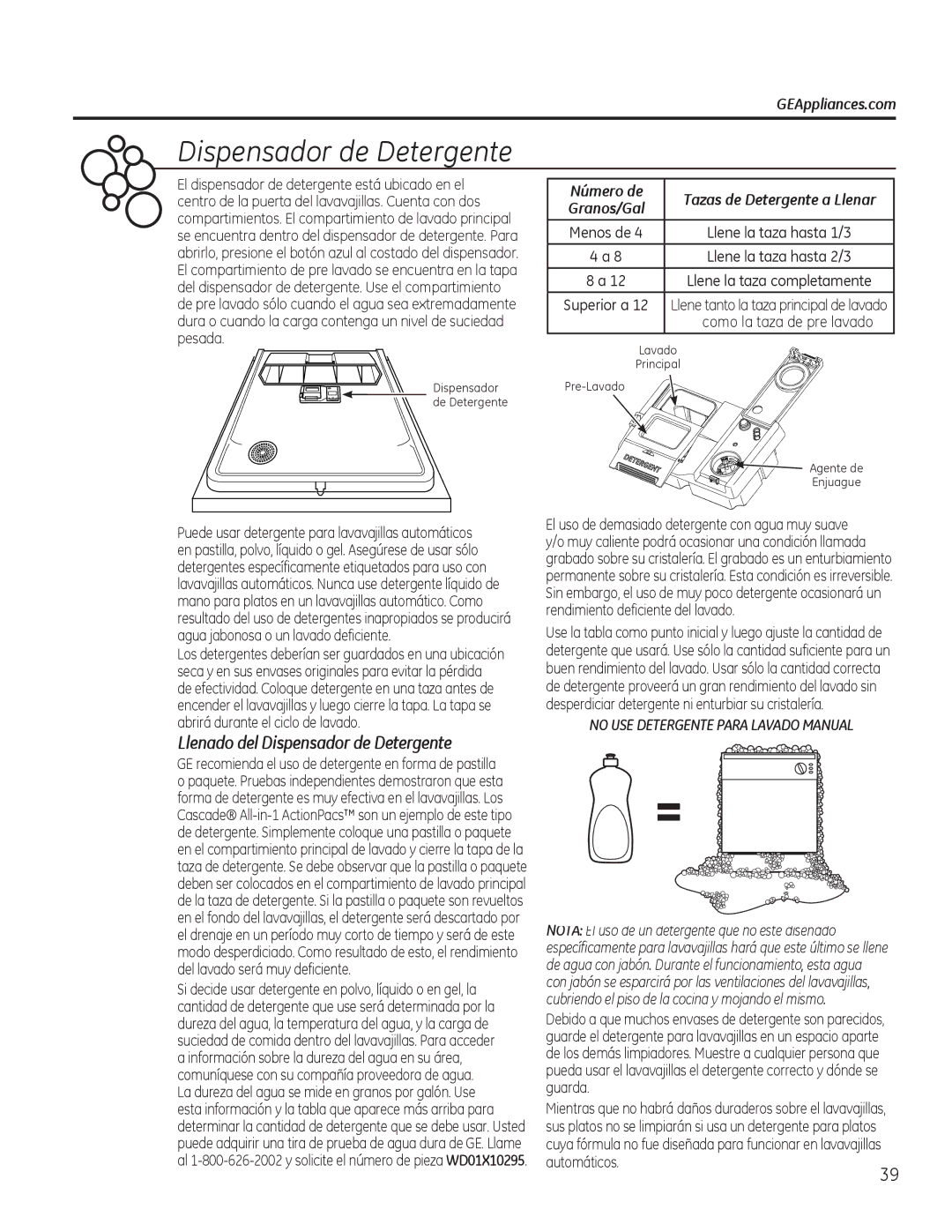 GE GDF510-540 Series, GDF530-550 Series manual Llenado del Dispensador de Detergente, Número de, Granos/Gal 