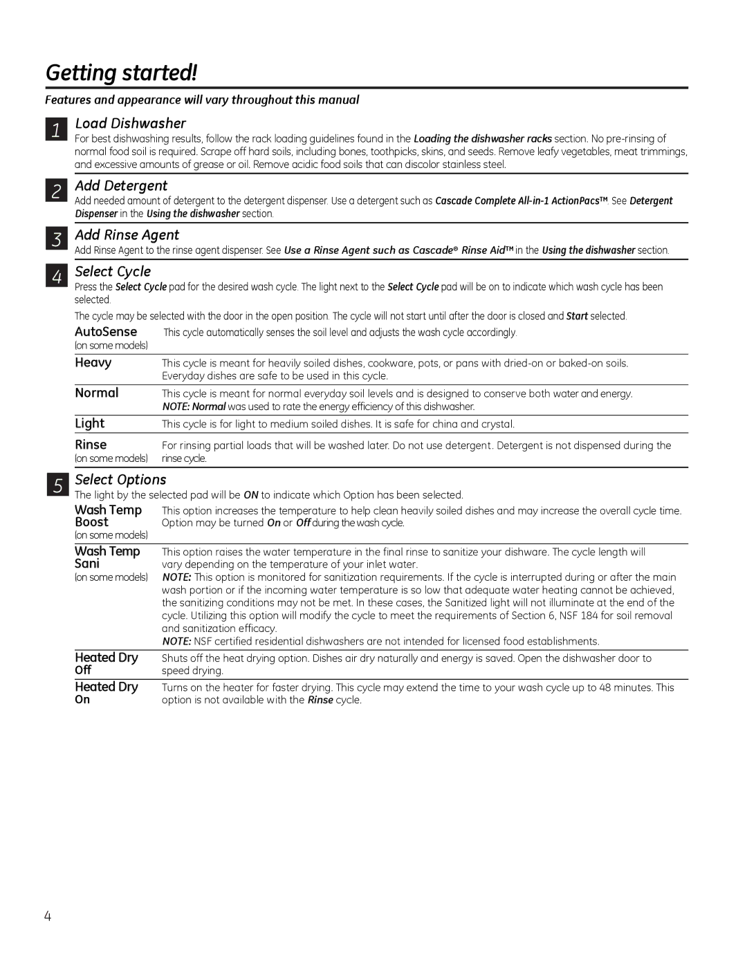 GE GDF530-550 Series, GDF510-540 Series manual Load Dishwasher, Add Detergent, Add Rinse Agent, Select Cycle, Select Options 