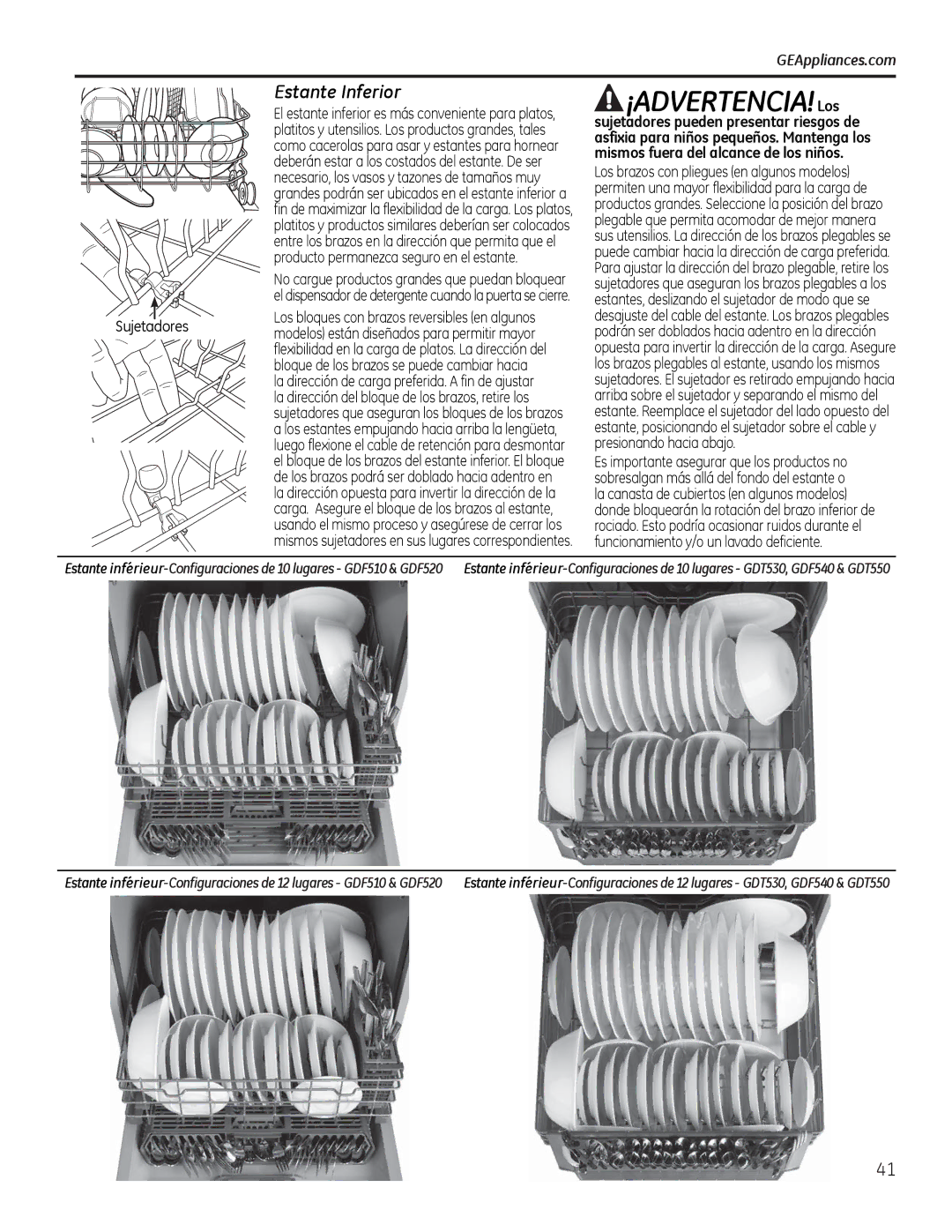 GE GDF510-540 Series, GDF530-550 Series manual Estante Inferior, Producto permanezca seguro en el estante, Sujetadores 