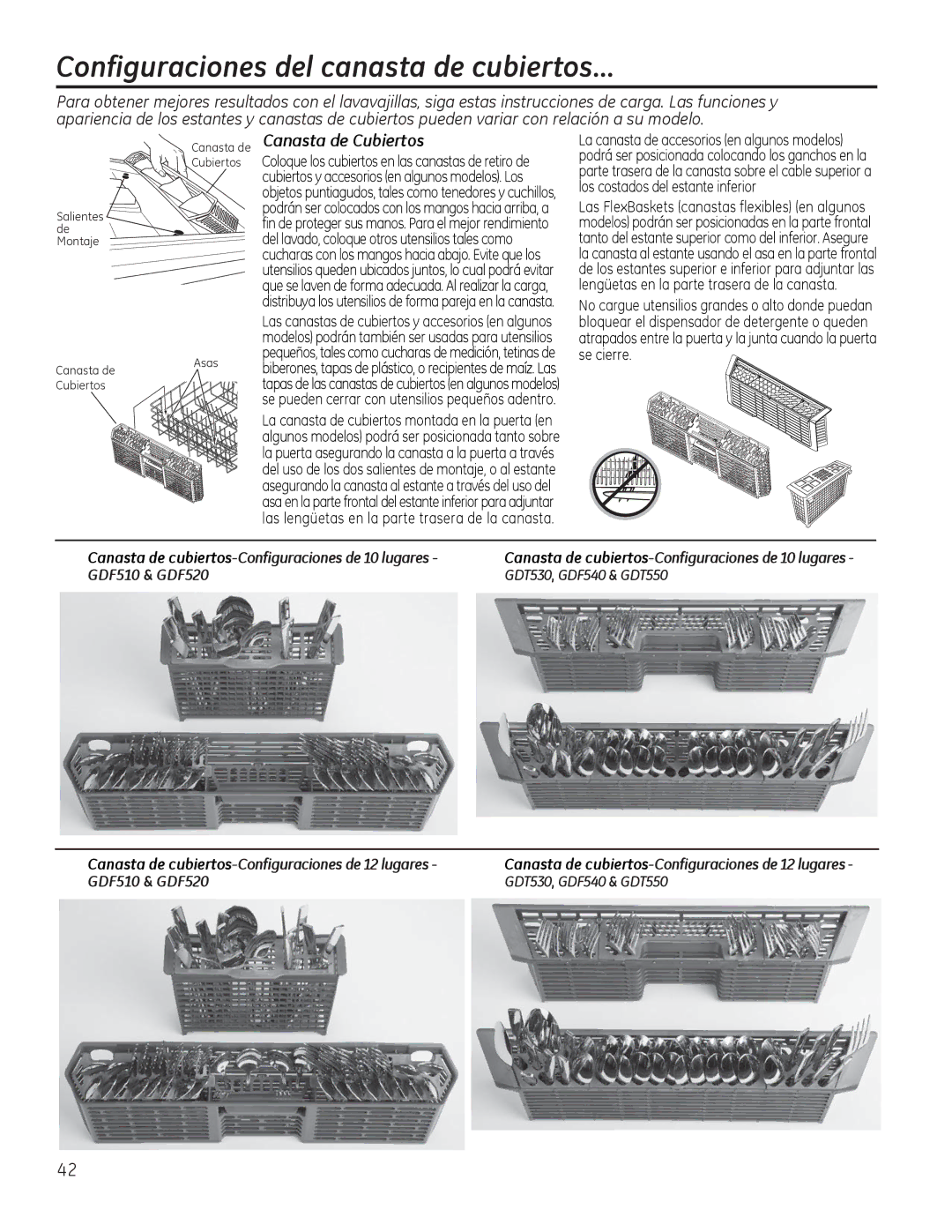 GE GDF530-550 Series, GDF510-540 Series manual Configuraciones del canasta de cubiertos, Canasta de Cubiertos 