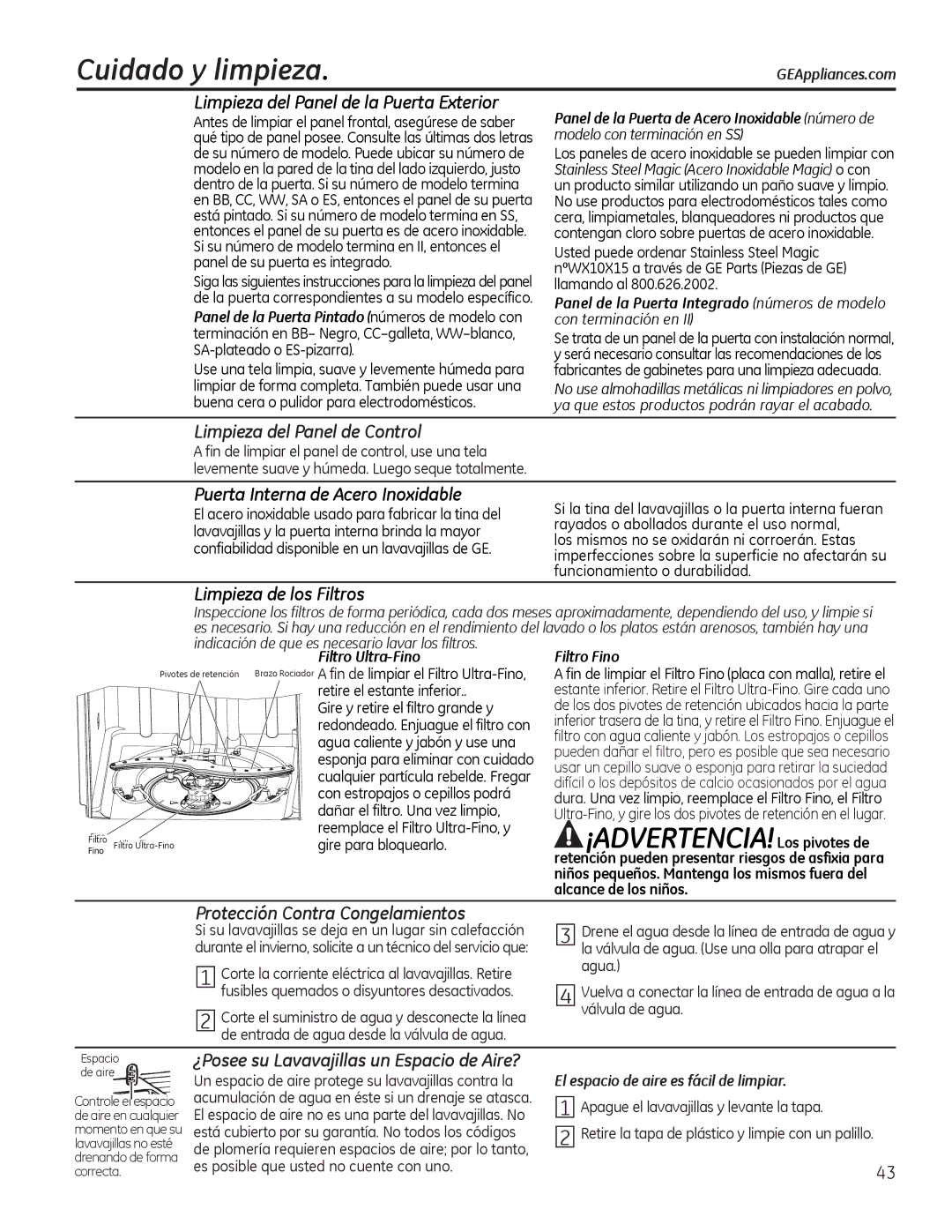 GE GDF510-540 Series manual Cuidado y limpieza, Limpieza del Panel de Control, Protección Contra Congelamientos 