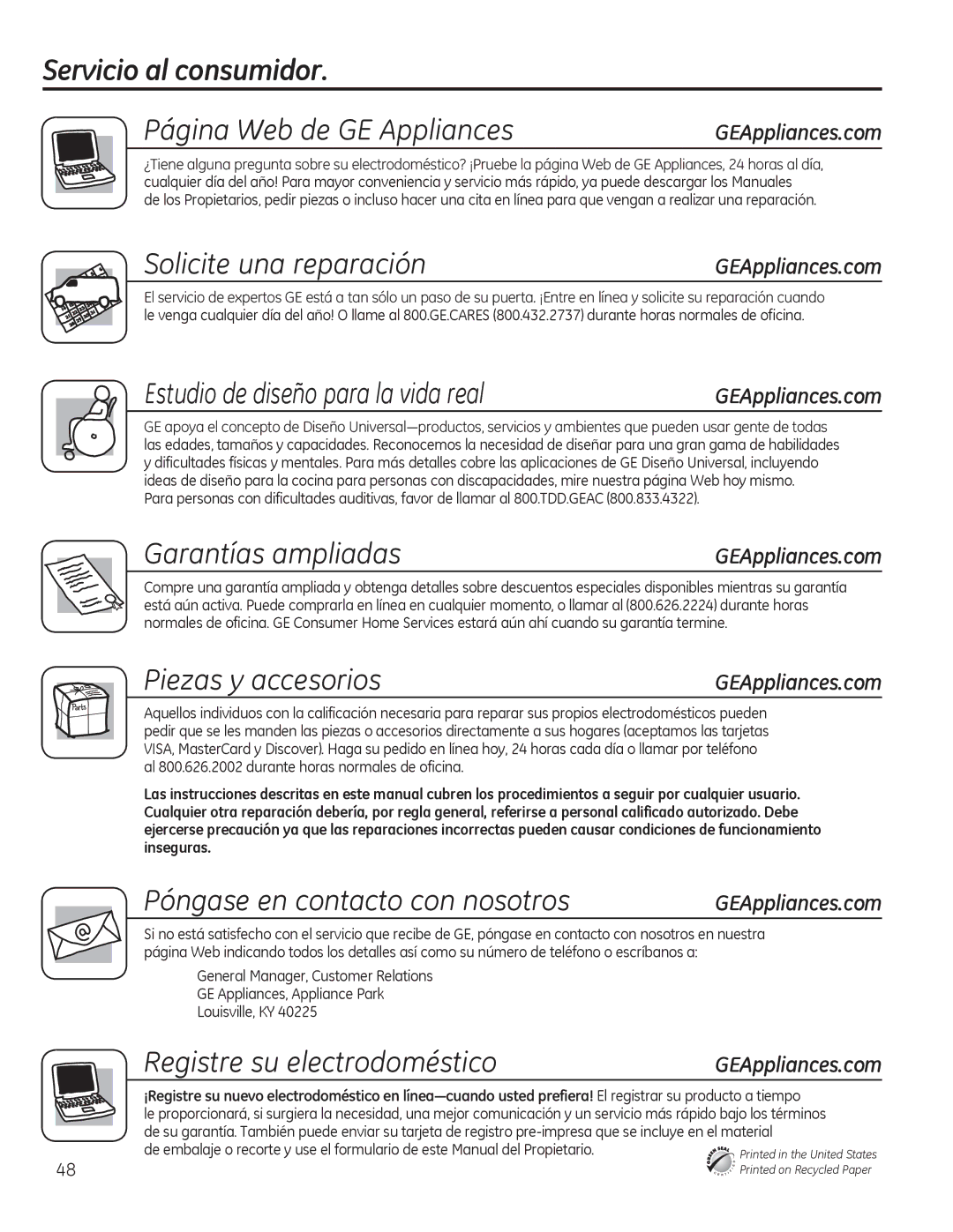 GE GDF530-550 Series Servicio al consumidor Página Web de GE Appliances, Solicite una reparación, Garantías ampliadas 