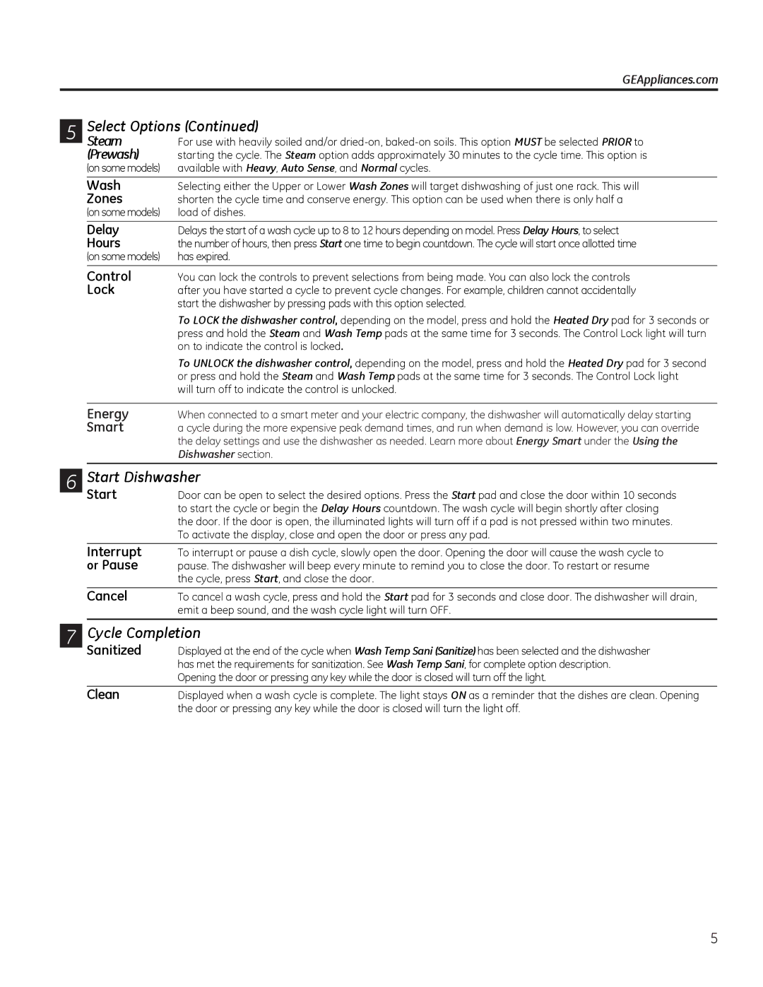 GE GDF510-540 Series, GDF530-550 Series manual Start Dishwasher, Cycle Completion, Steam, Prewash 