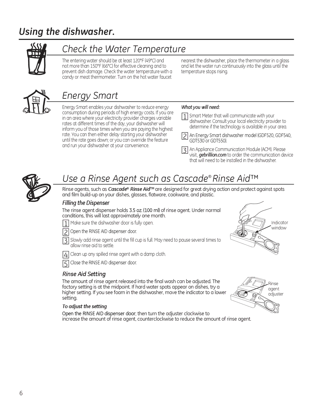 GE GDF530-550 Series, GDF510-540 Series manual Using the dishwasher, Check the Water Temperature, Energy Smart 