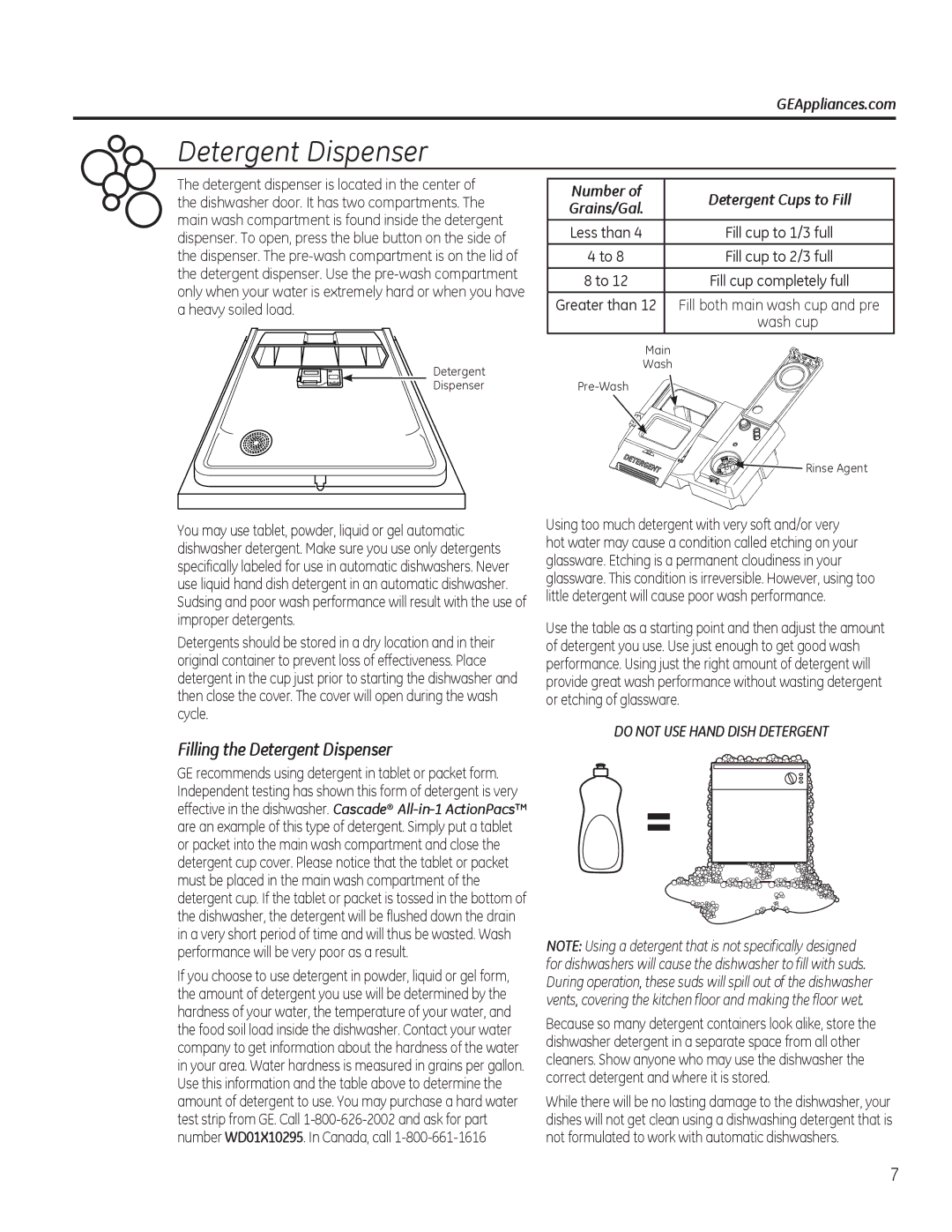 GE GDF510-540 Series Filling the Detergent Dispenser, GEAppliances.com, Number Detergent Cups to Fill, Grains/Gal 