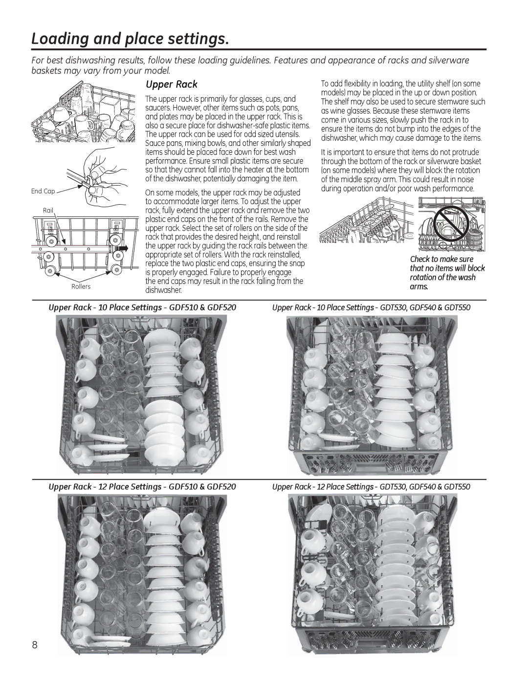 GE GDF530-550 Series Loading and place settings, Upper Rack, End caps may result in the rack falling from the dishwasher 