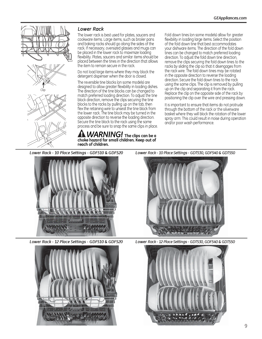 GE GDF510-540 Series, GDF530-550 Series manual Lower Rack, Item to remain secure in the rack, Reach of children 