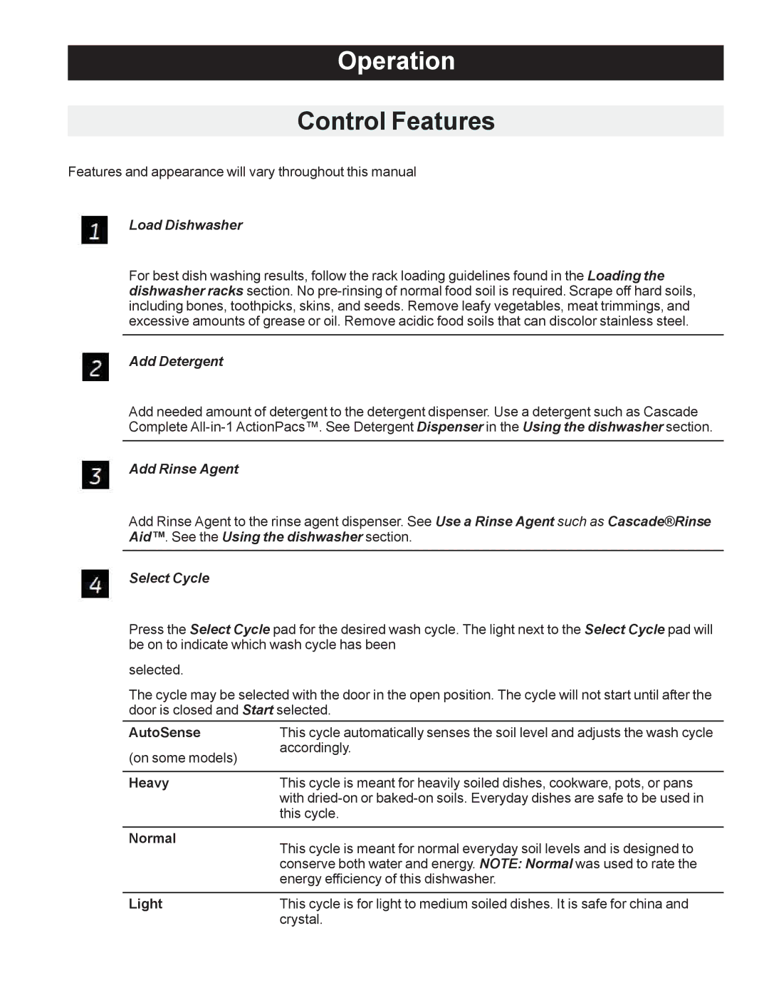 GE GDT530PGD, GDF540HGD, GDF510PGD, GDF520PGD, GDT550HGD manual Operation, Control Features 