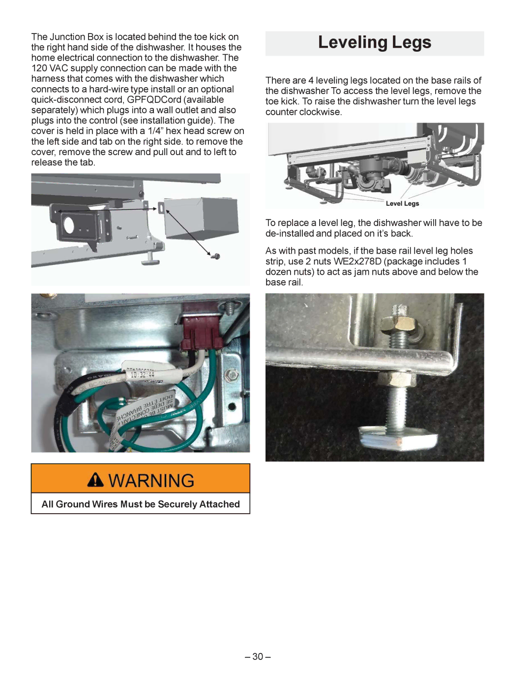 GE GDF540HGD, GDF510PGD, GDF520PGD, GDT530PGD, GDT550HGD Leveling Legs, All Ground Wires Must be Securely Attached, ±  ± 