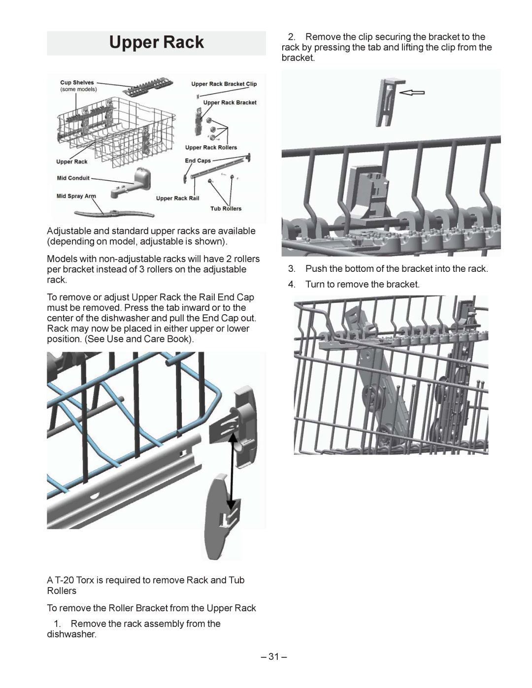 GE GDF510PGD, GDF540HGD, GDF520PGD, GDT530PGD manual Upper Rack, $ 7 7RU LV Uhtxluhg WR Uhpryh 5DFN DQG 7XE 5ROOHUV, ±  ± 