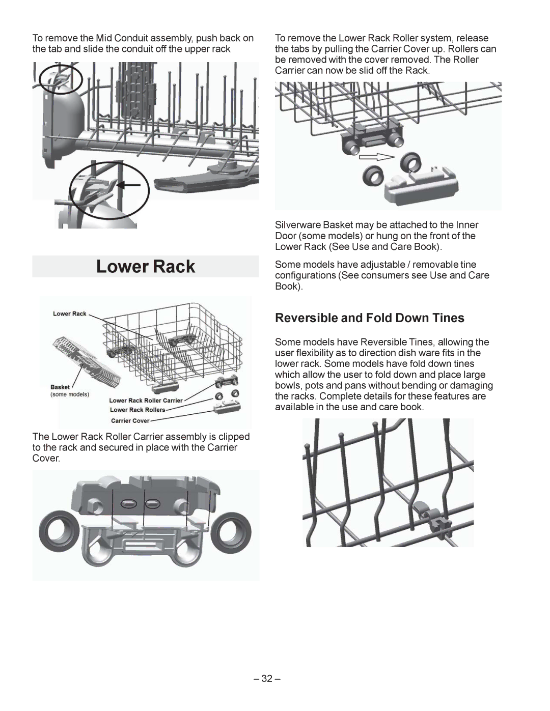 GE GDF520PGD, GDF540HGD, GDF510PGD, GDT530PGD, GDT550HGD manual Lower Rack, Reversible and Fold Down Tines, ±  ± 