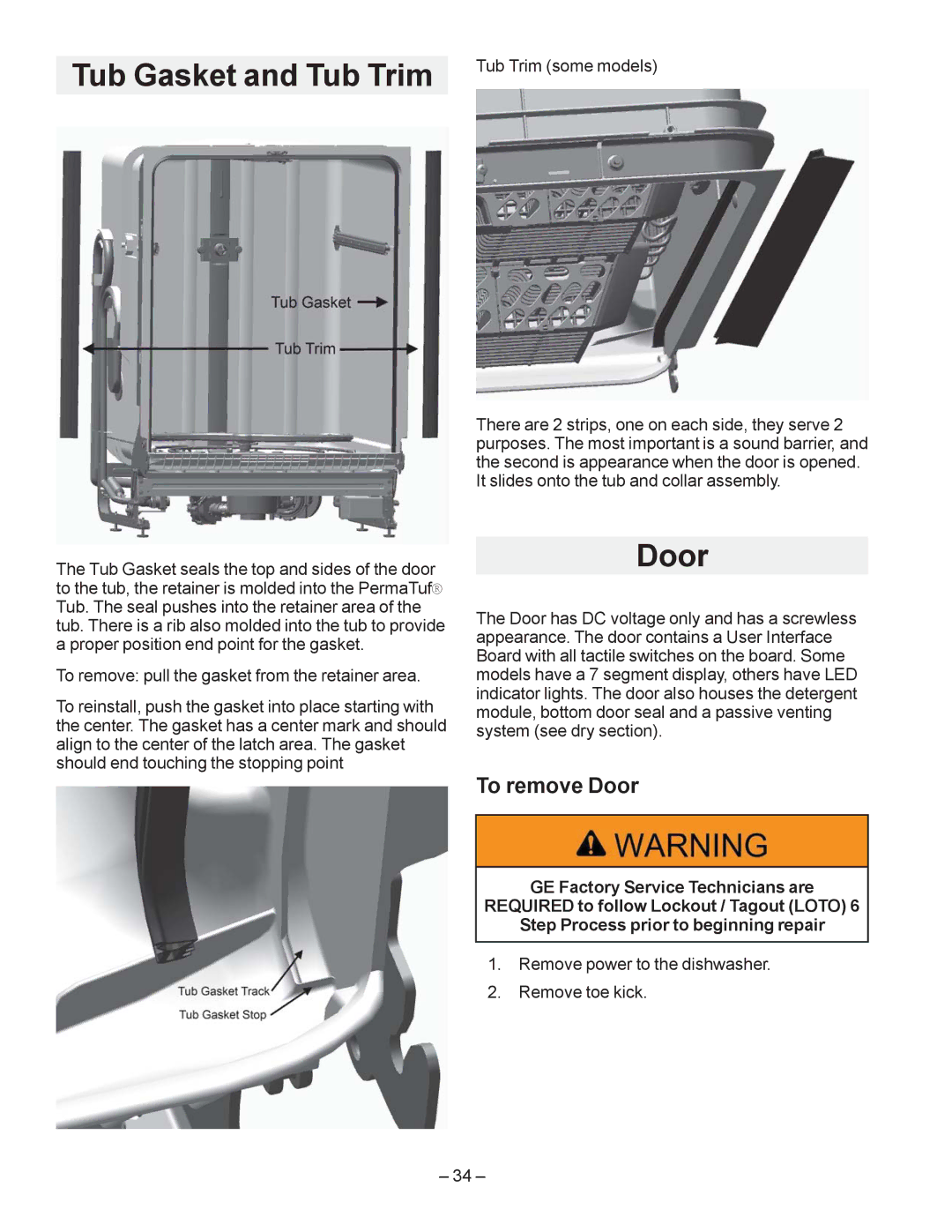 GE GDT550HGD, GDF540HGD, GDF510PGD manual To remove Door,  5HPRYH Srzhu WR WKH GLVKZDVKHU  5HPRYH WRH NLFN, ±  ± 