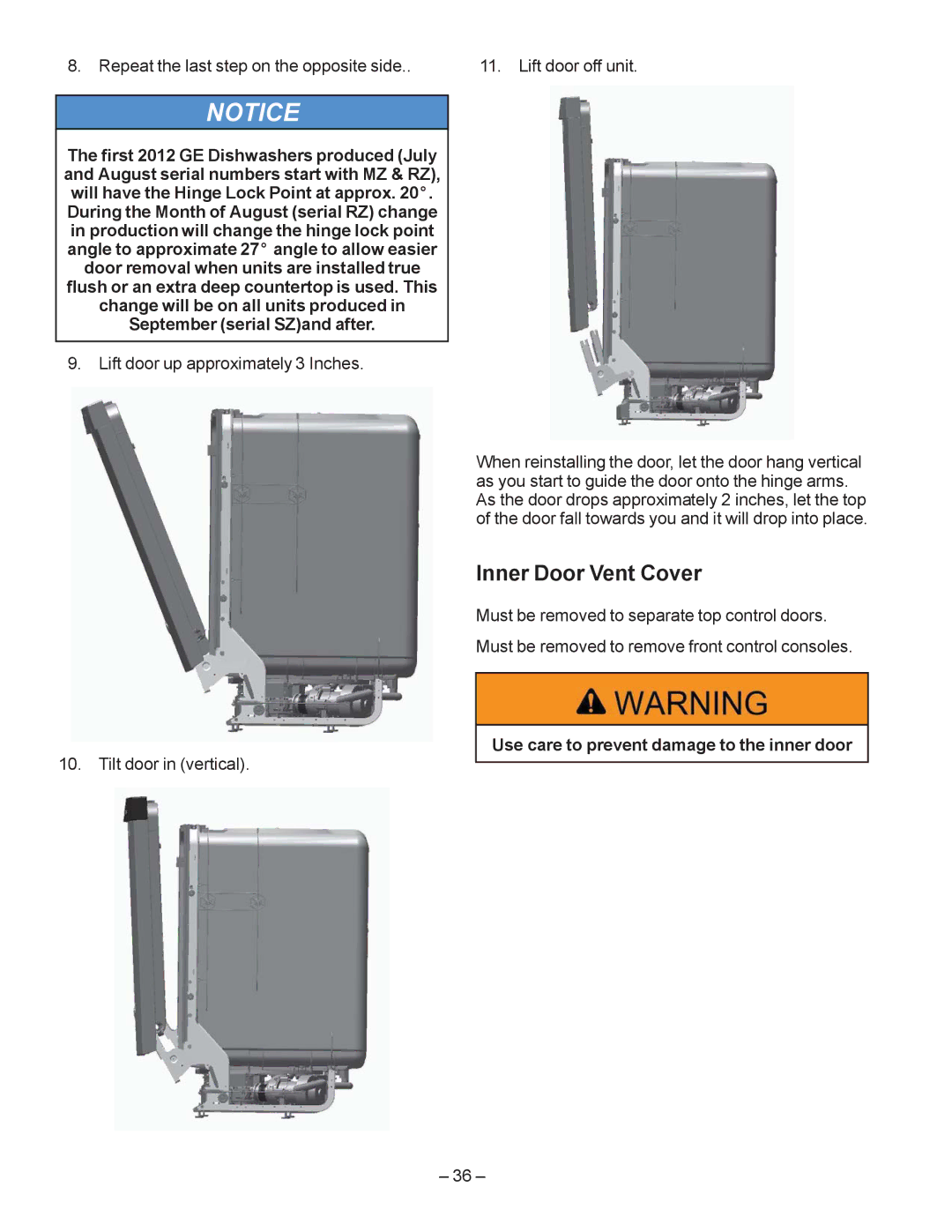 GE GDF510PGD, GDF540HGD, GDF520PGD, GDT530PGD Inner Door Vent Cover, Use care to prevent damage to the inner door, ±  ± 