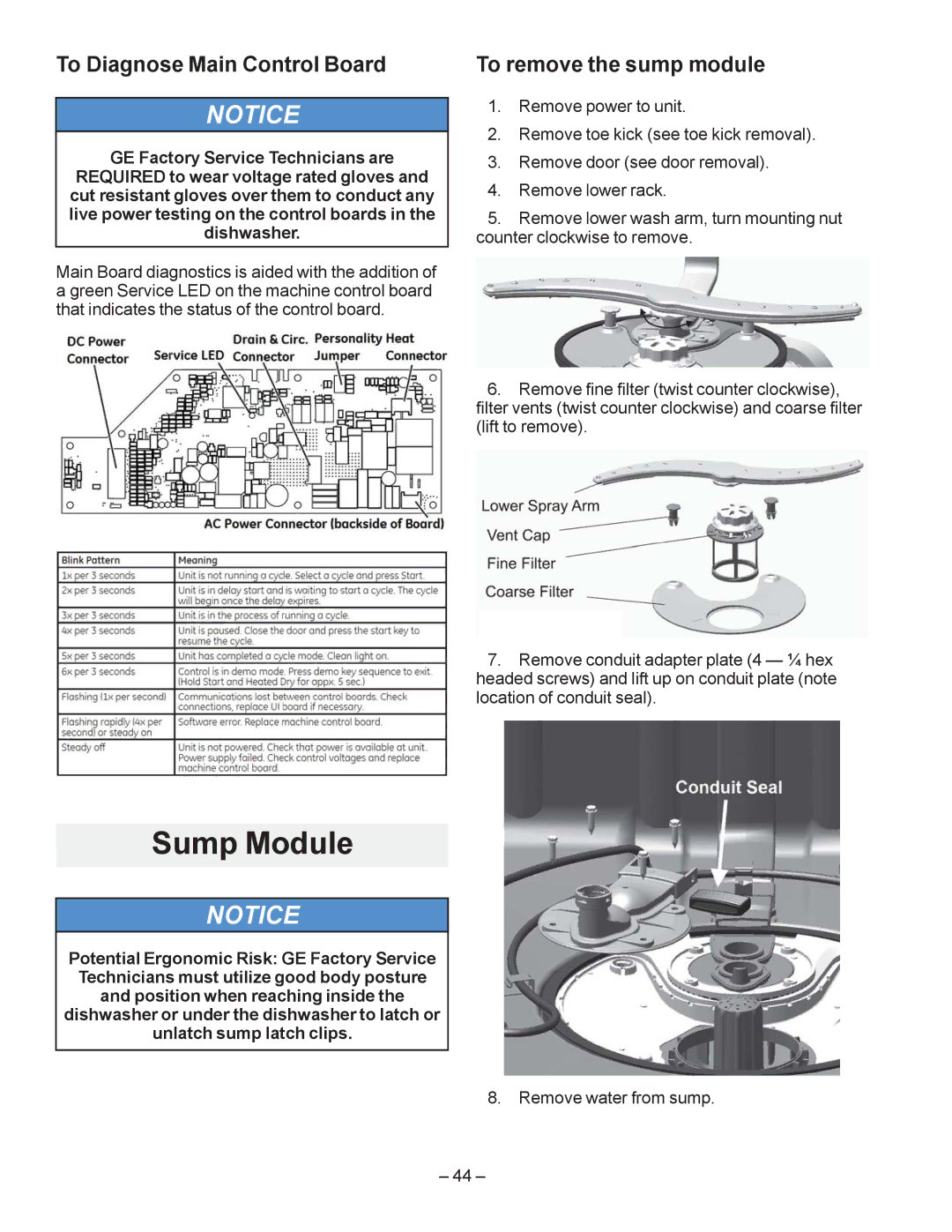 GE GDT550HGD, GDF540HGD, GDF510PGD, GDF520PGD manual Sump Module, To Diagnose Main Control Board, To remove the sump module 