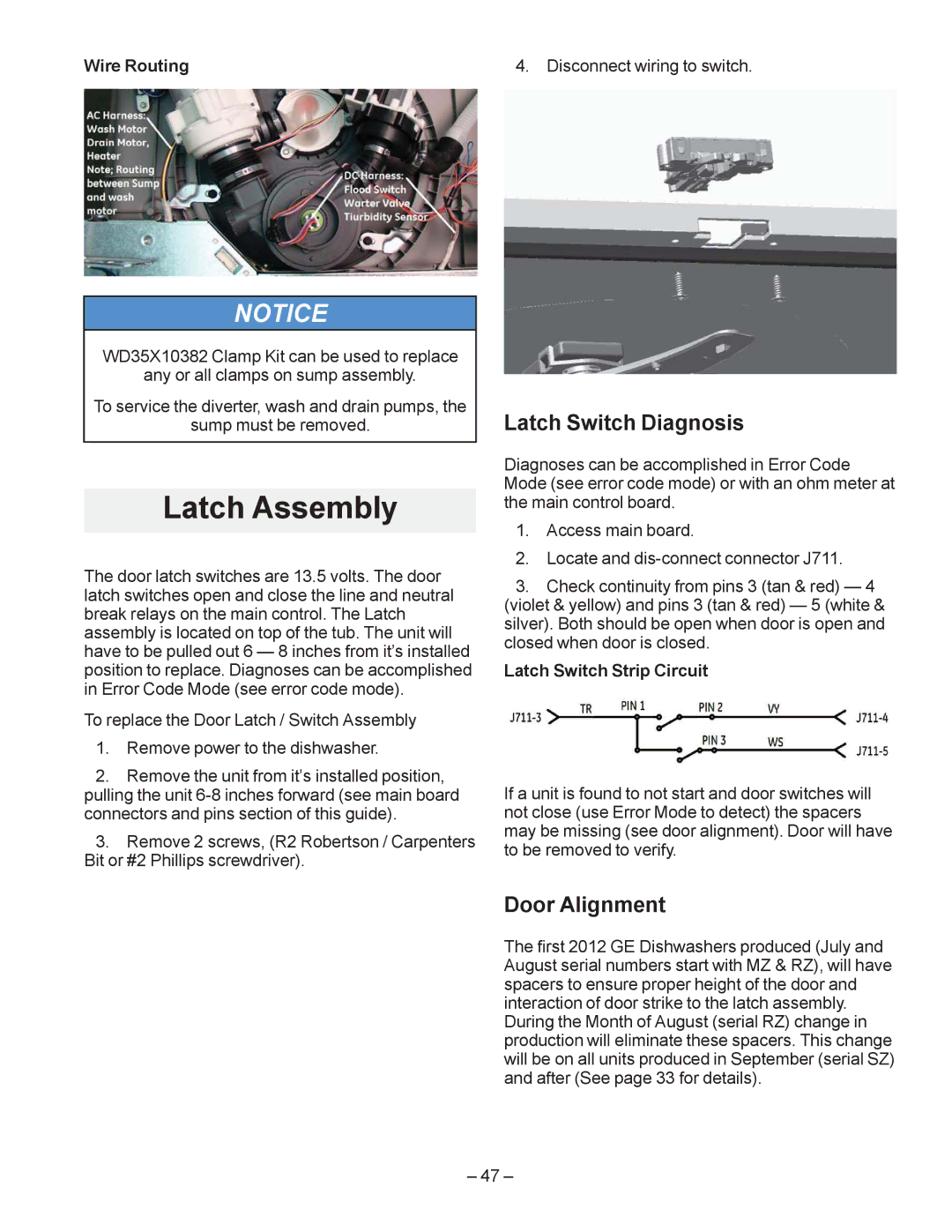 GE GDF520PGD, GDF540HGD Latch Assembly, Latch Switch Diagnosis, Door Alignment, Wire Routing, Latch Switch Strip Circuit 