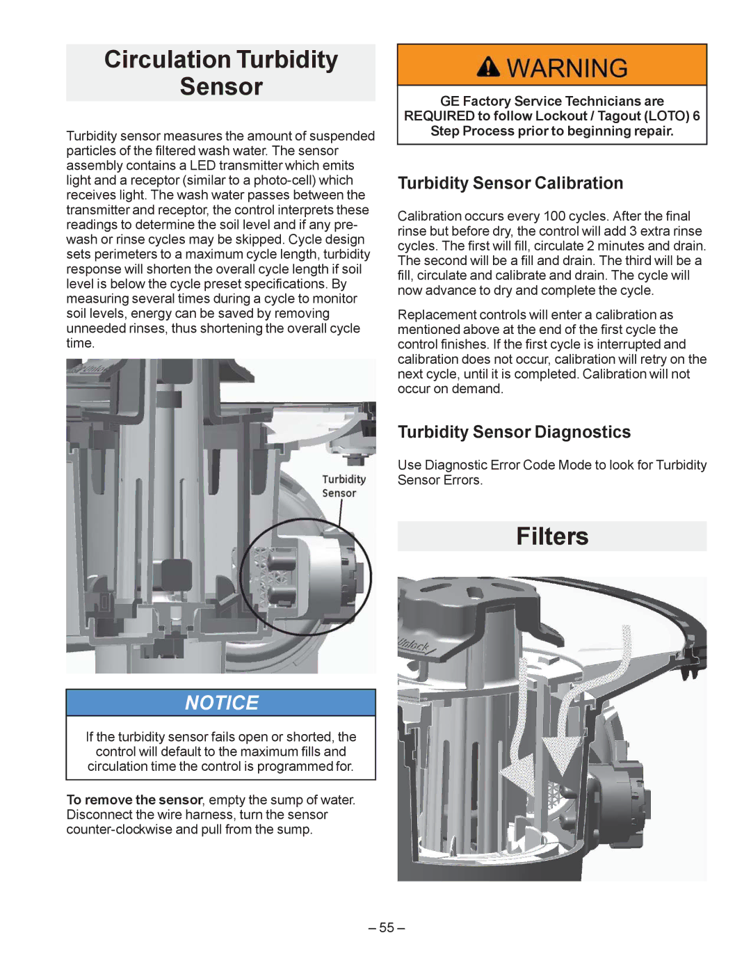 GE GDF540HGD, GDF510PGD Circulation Turbidity Sensor, Filters, Turbidity Sensor Calibration, Turbidity Sensor Diagnostics 