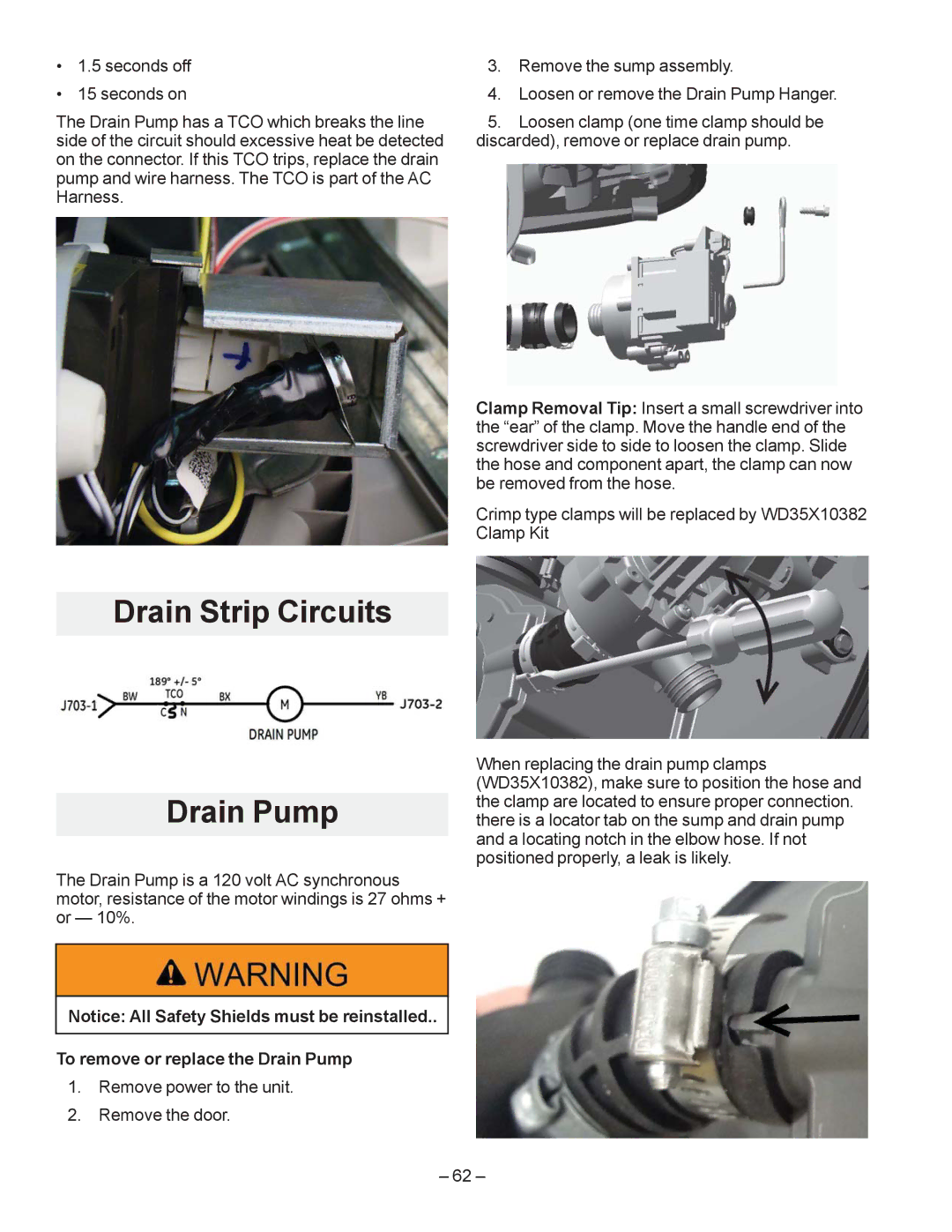 GE GDF520PGD manual Drain Strip Circuits Drain Pump, ‡  Vhfrqgv RII ‡  Vhfrqgv RQ, To remove or replace the Drain Pump 