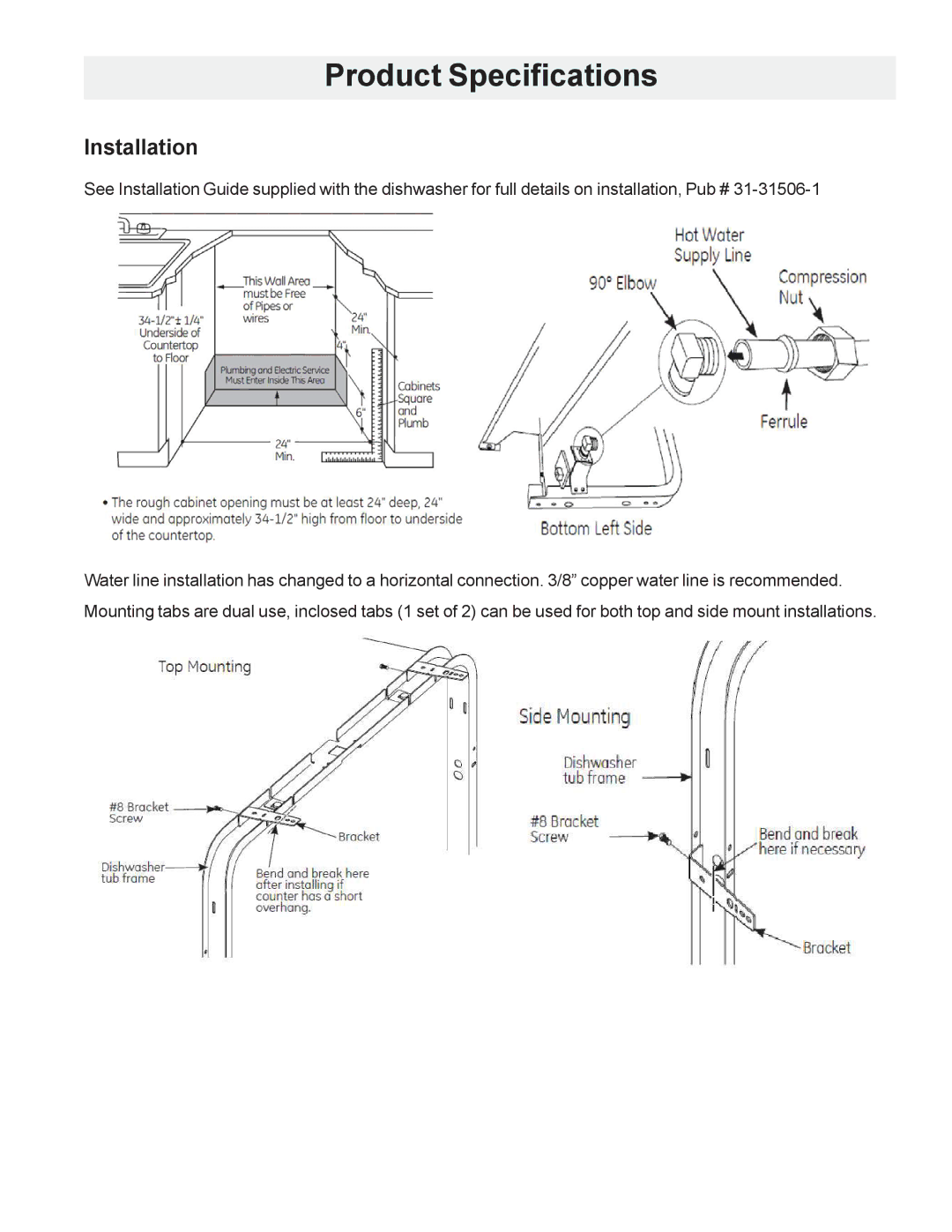 GE GDT550HGD, GDF540HGD, GDF510PGD, GDF520PGD, GDT530PGD manual Product Specifications, Installation 