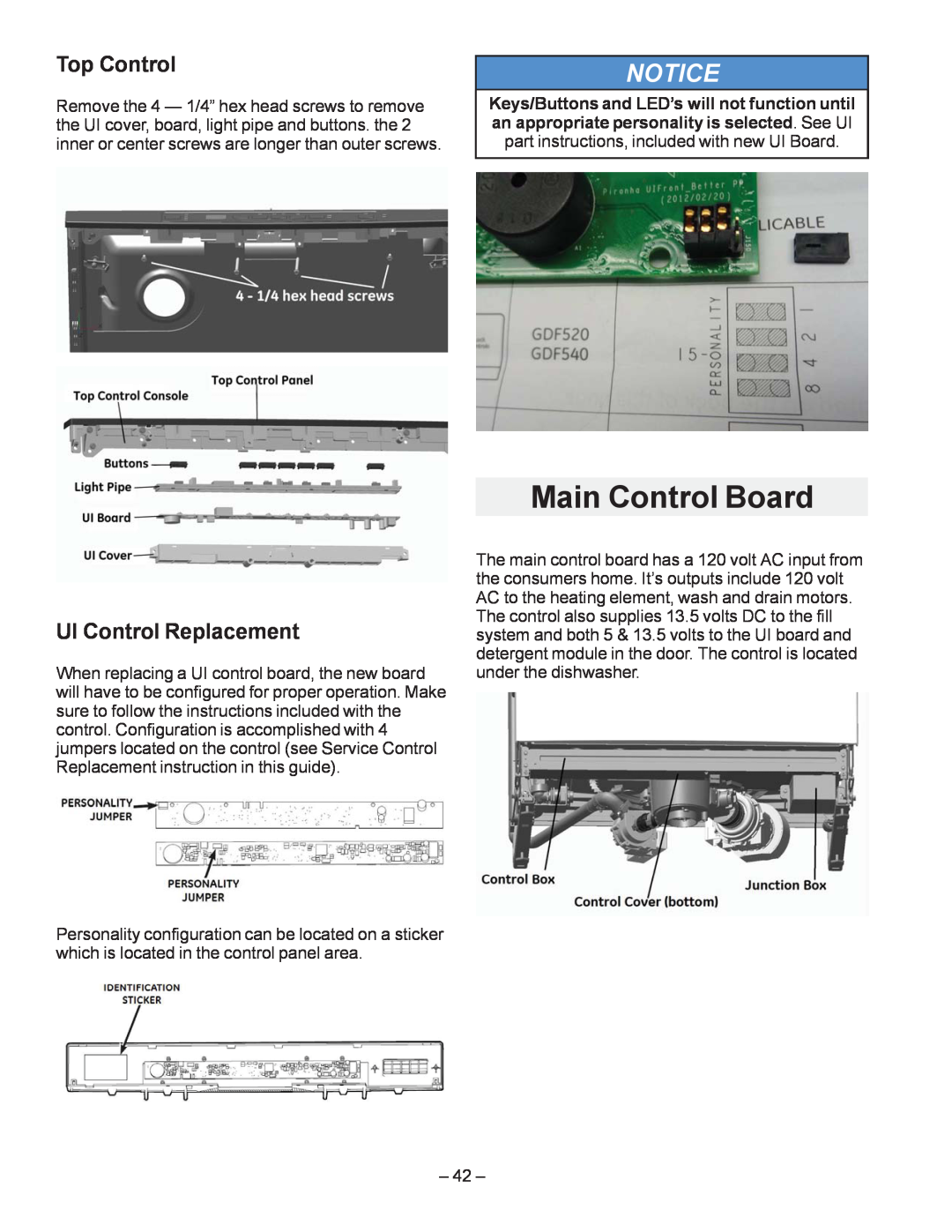 GE GDF520PGD, GDF540HGD, GDF510PGD, GDT530PGD manual Main Control Board, Top Control, UI Control Replacement, ±  ±, Notice 