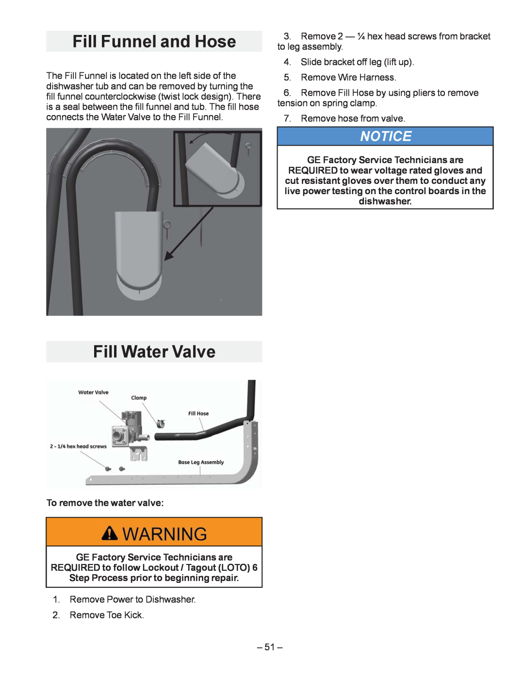 GE GDF510PGD Fill Funnel and Hose, Fill Water Valve,  5HPRYH KRVH IURP YDOYH, To remove the water valve, ±  ±, Notice 